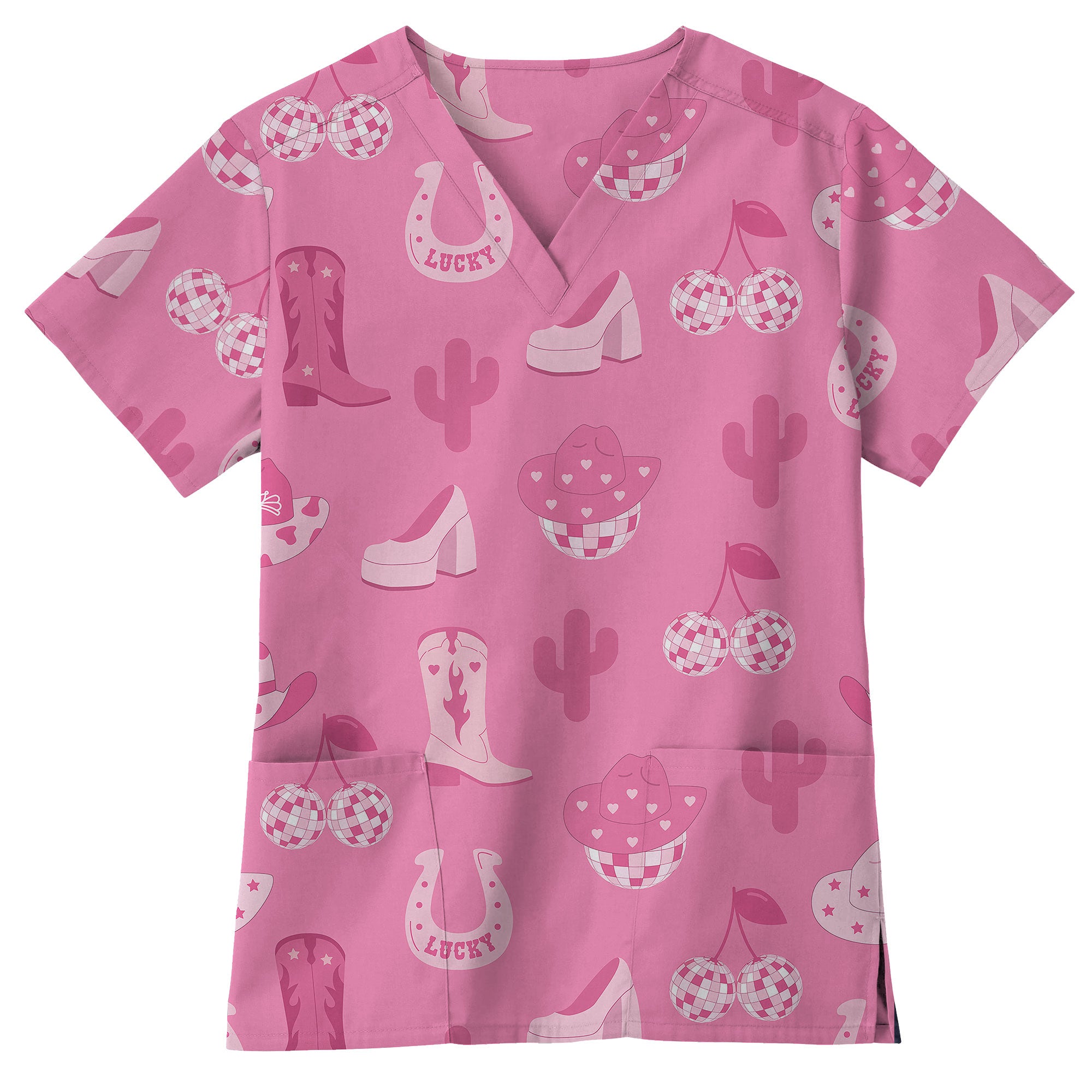 Pink Lucky Disco Cowgirl Printed Scrub Top for Nurses
