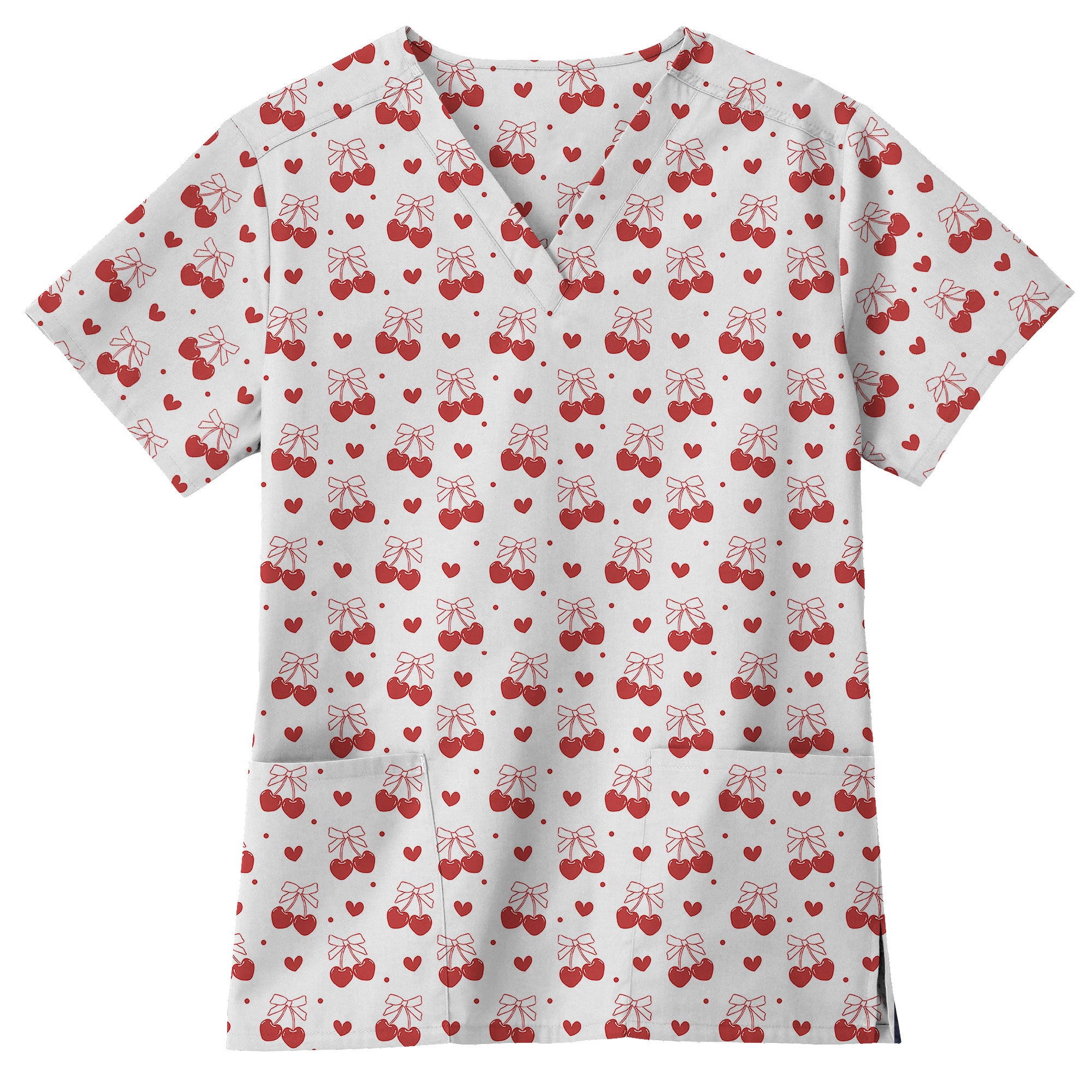 Red Cherry Heart Bow Printed Scrub Top for Nurses