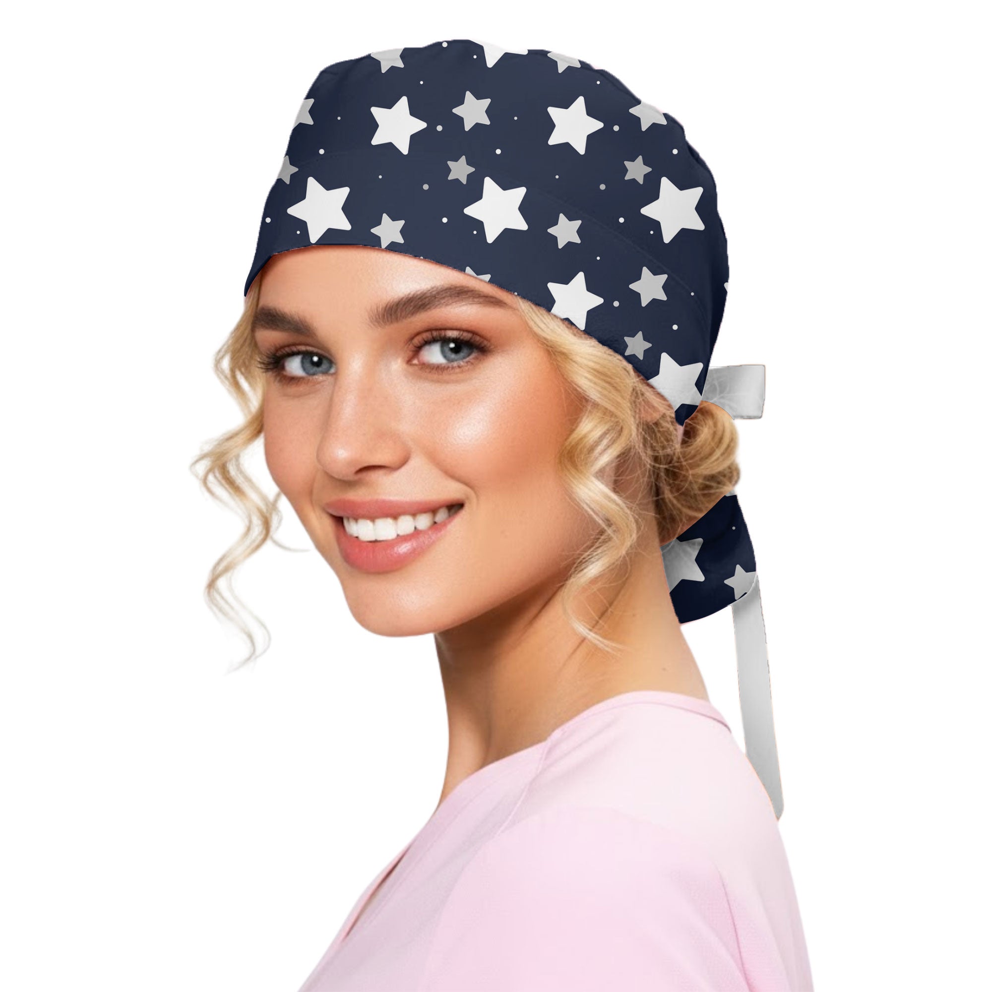 Navy Blue Star Pattern Printed Scrub Cap for Nurses