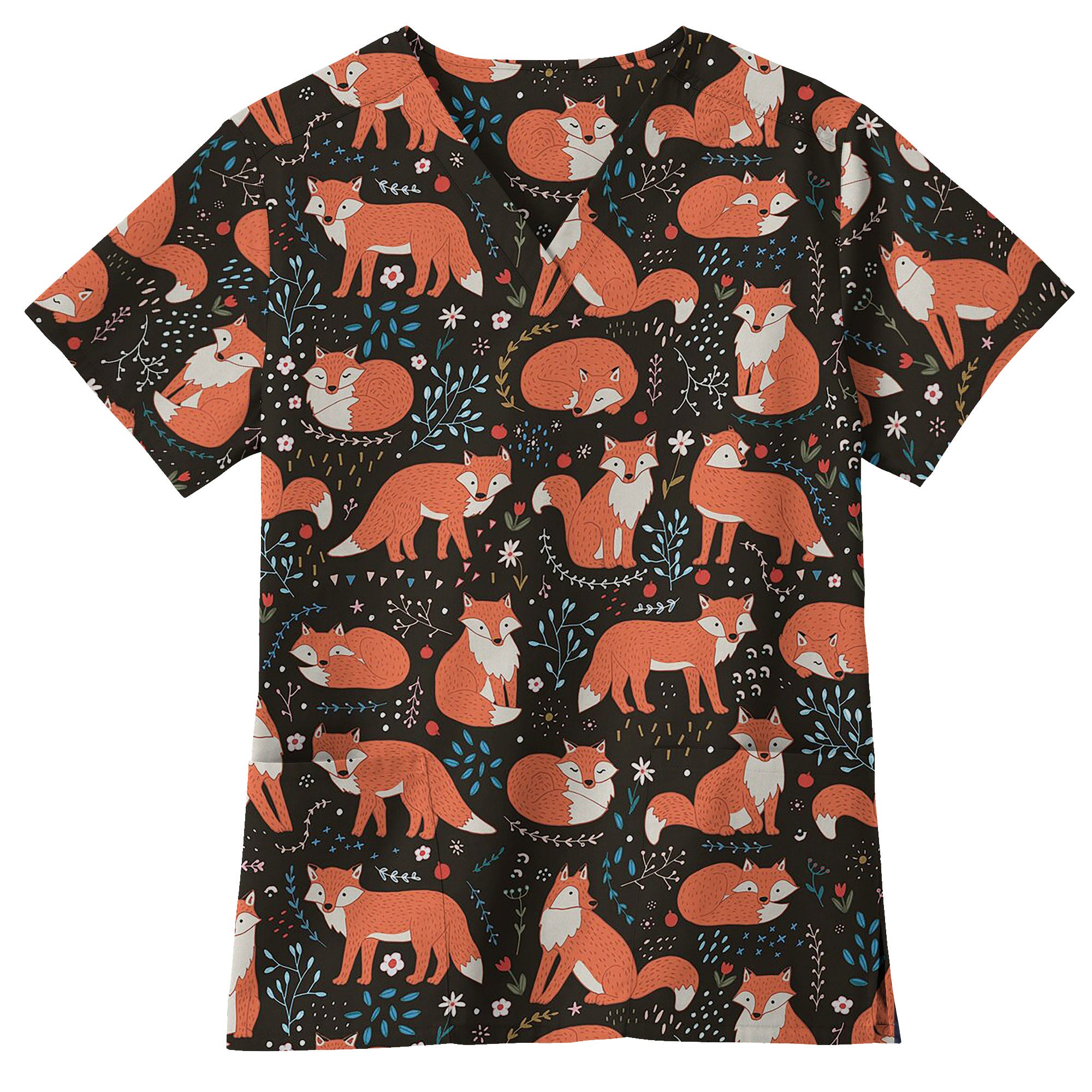 Woodland Fox and Floral Printed Scrub Top for Vet Staff