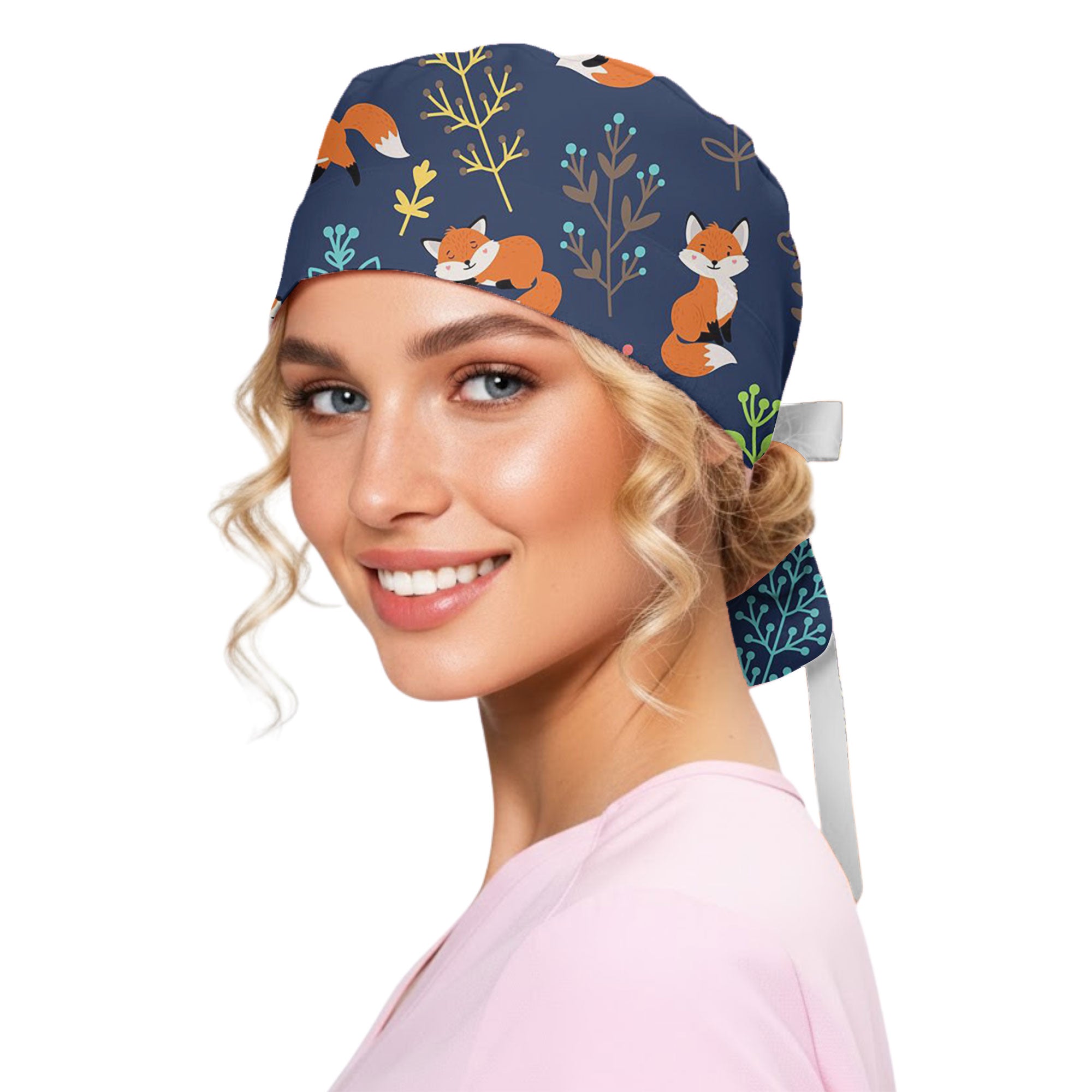 Navy Sleeping Fox and Botanical Printed Scrub Cap