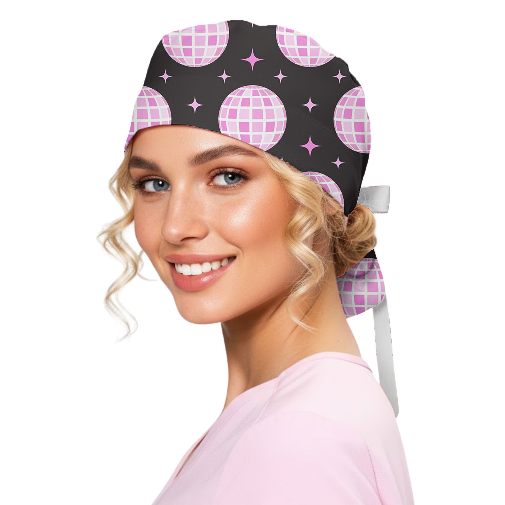 Black and Pink Disco Ball Glam Printed Scrub Cap