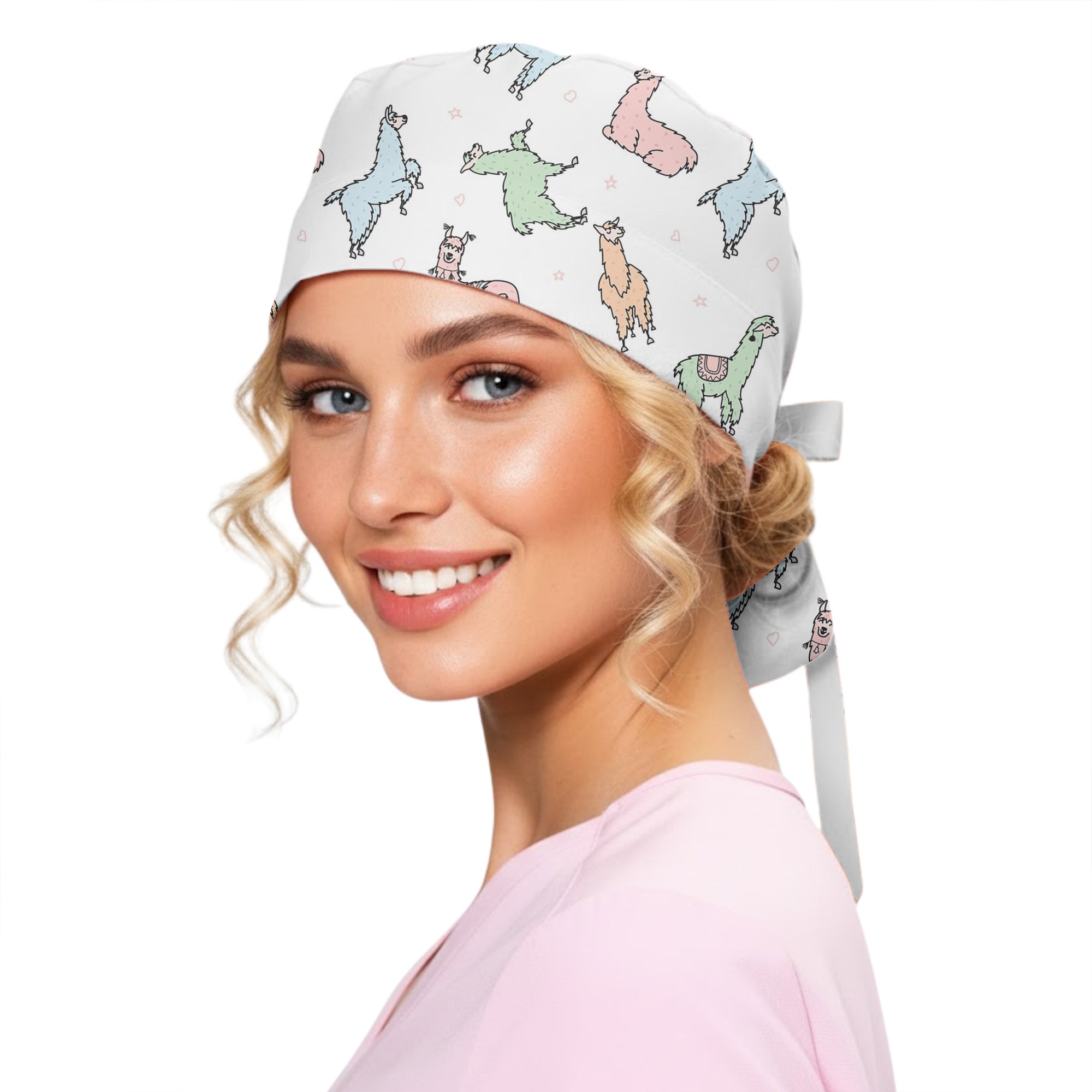 Pastel Llama Doodle Printed Scrub Cap for Nurses