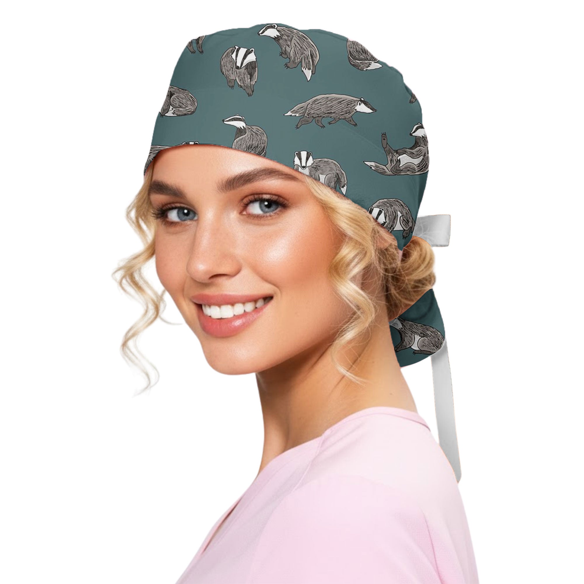 Teal Hand Drawn Badger Printed Scrub Cap