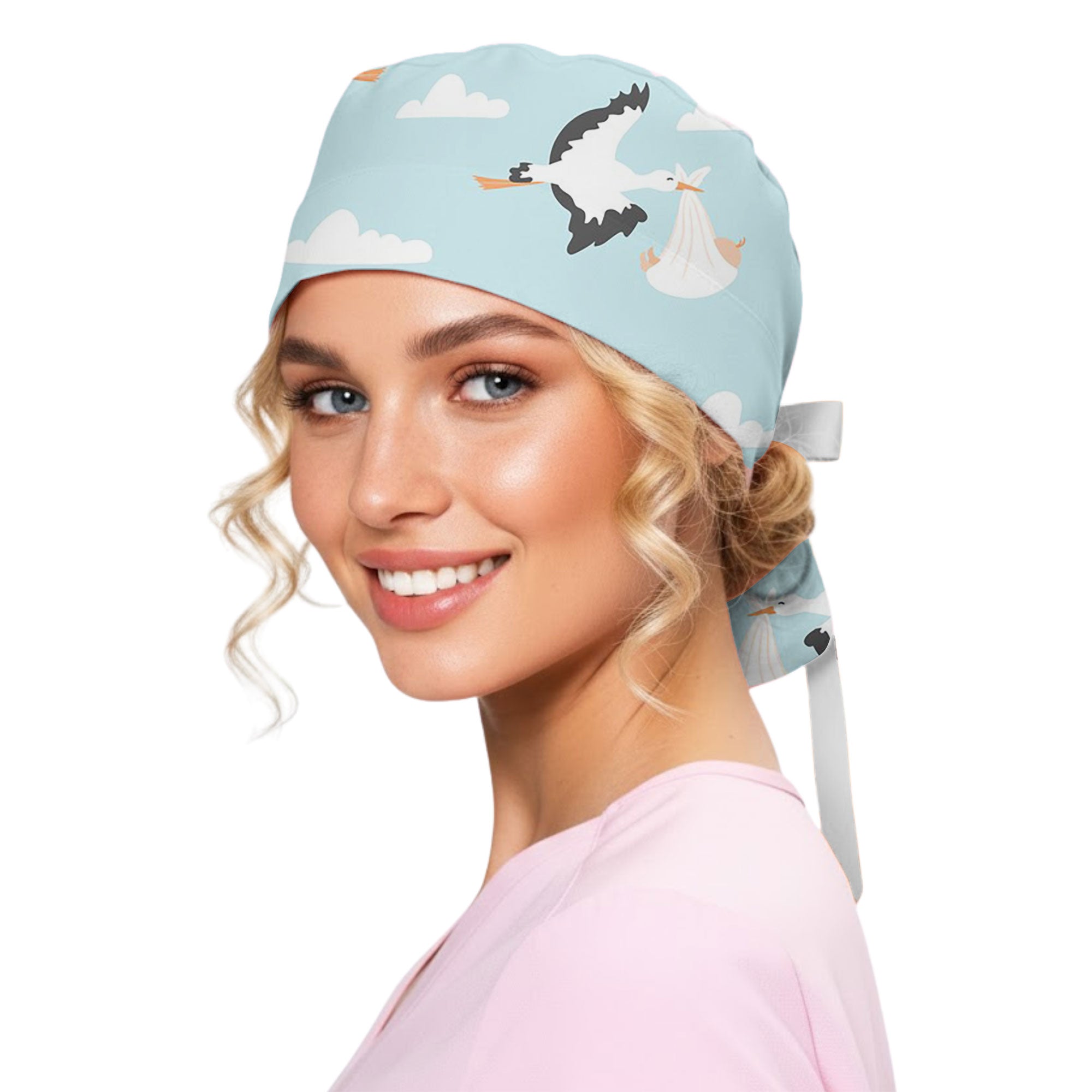 Stork Delivery Cloud Printed Scrub Cap for Maternity Nurses