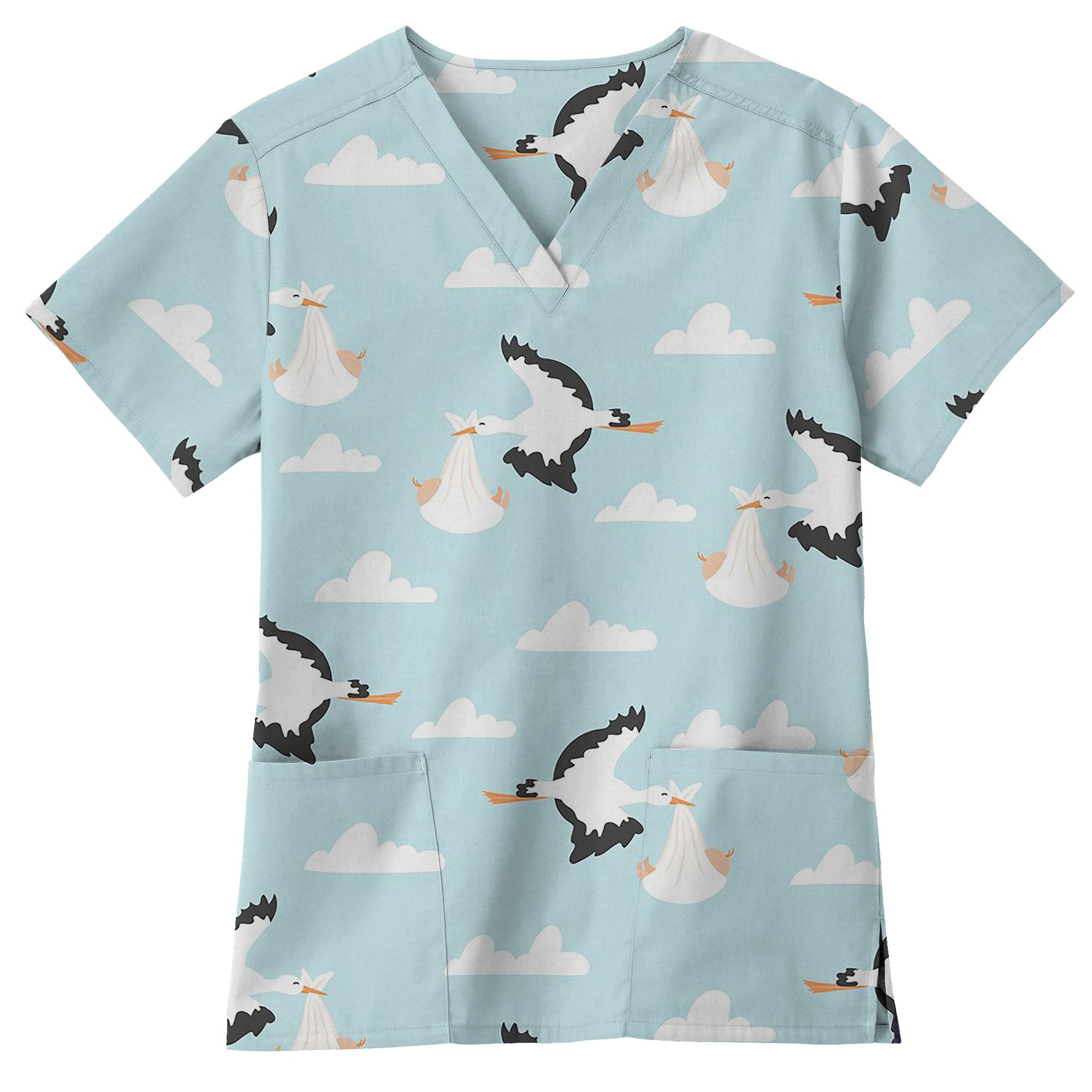 Stork Delivery Cloud Printed Scrub Top for Maternity Nurses