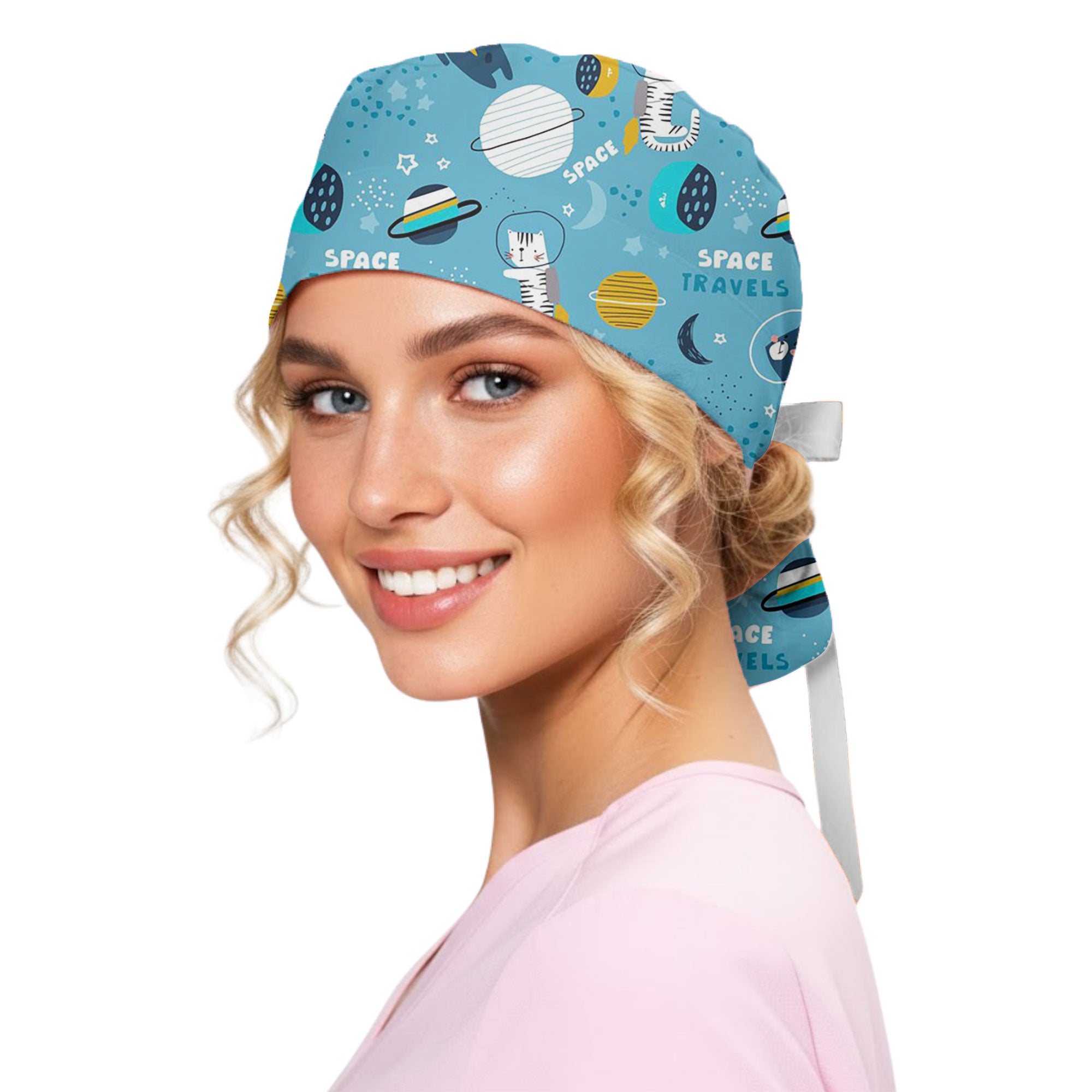 Space Travels Cat and Bear Printed Scrub Cap for Pediatrics