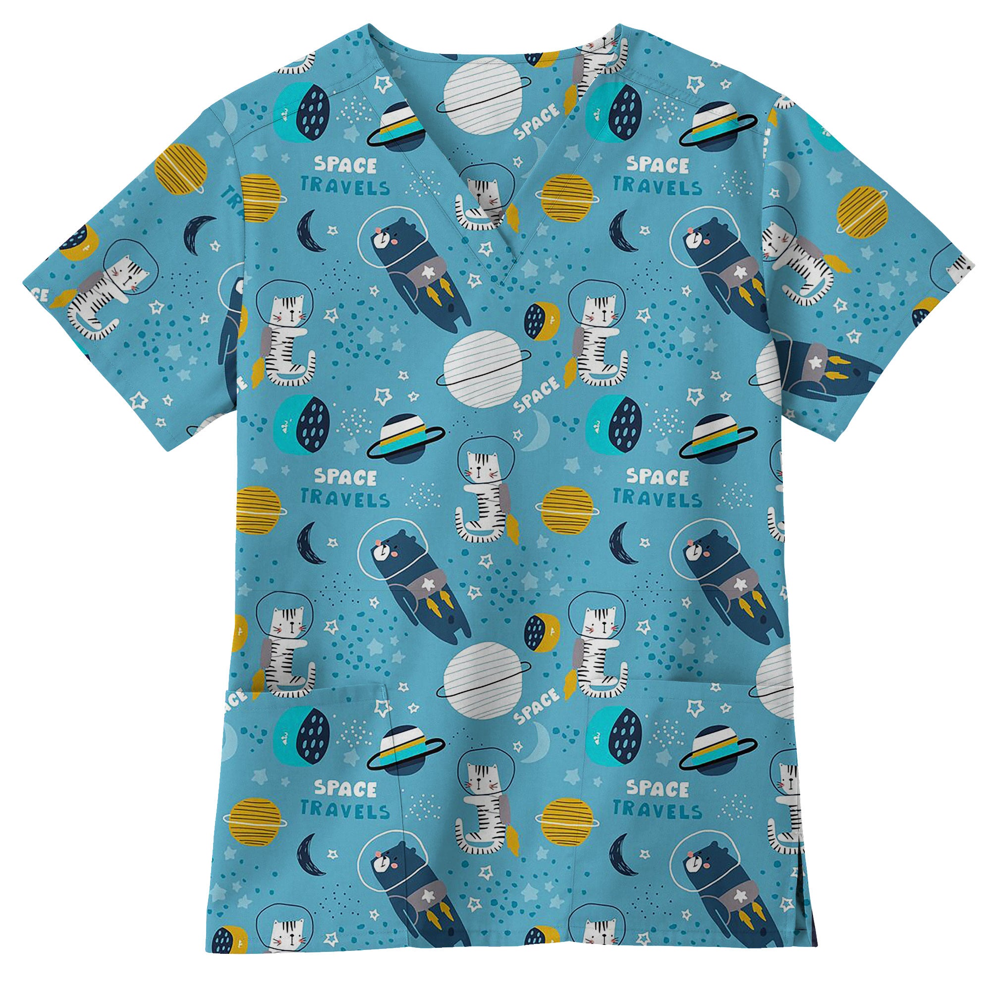 Space Travels Cat and Bear Printed Scrub Top for Pediatrics