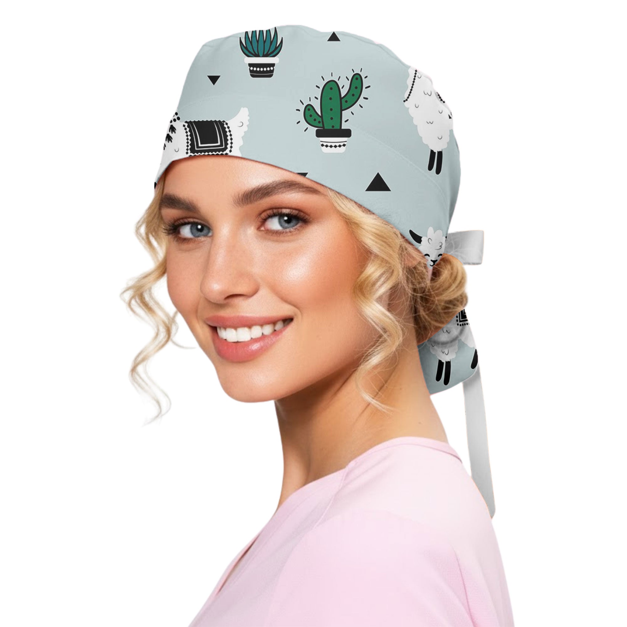 Boho Llama and Cactus Printed Scrub Cap for Nurses