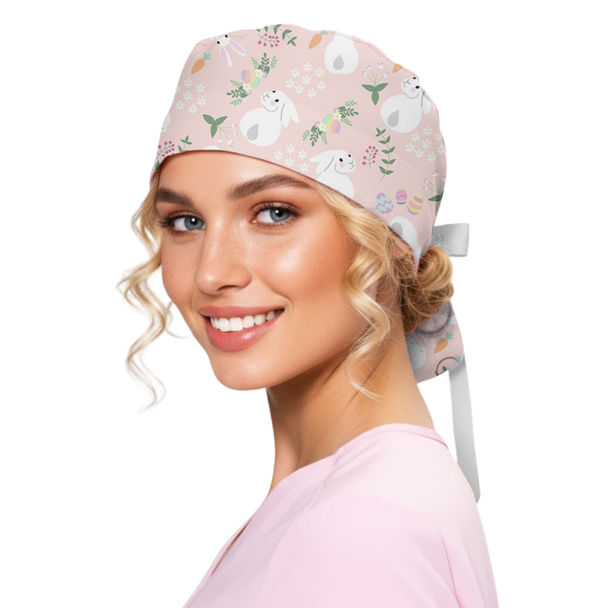 Pink Pastel Easter Bunny and Egg Printed Scrub Cap