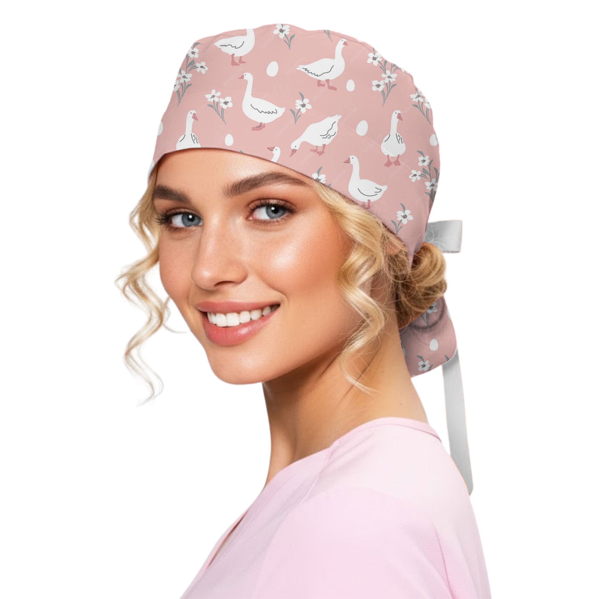 Pink Goose and Wildflower Printed Scrub Cap