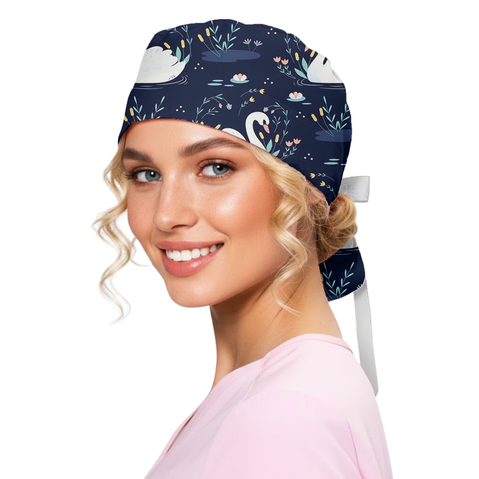 Navy Swan Lake Botanical Printed Scrub Cap for Nurses
