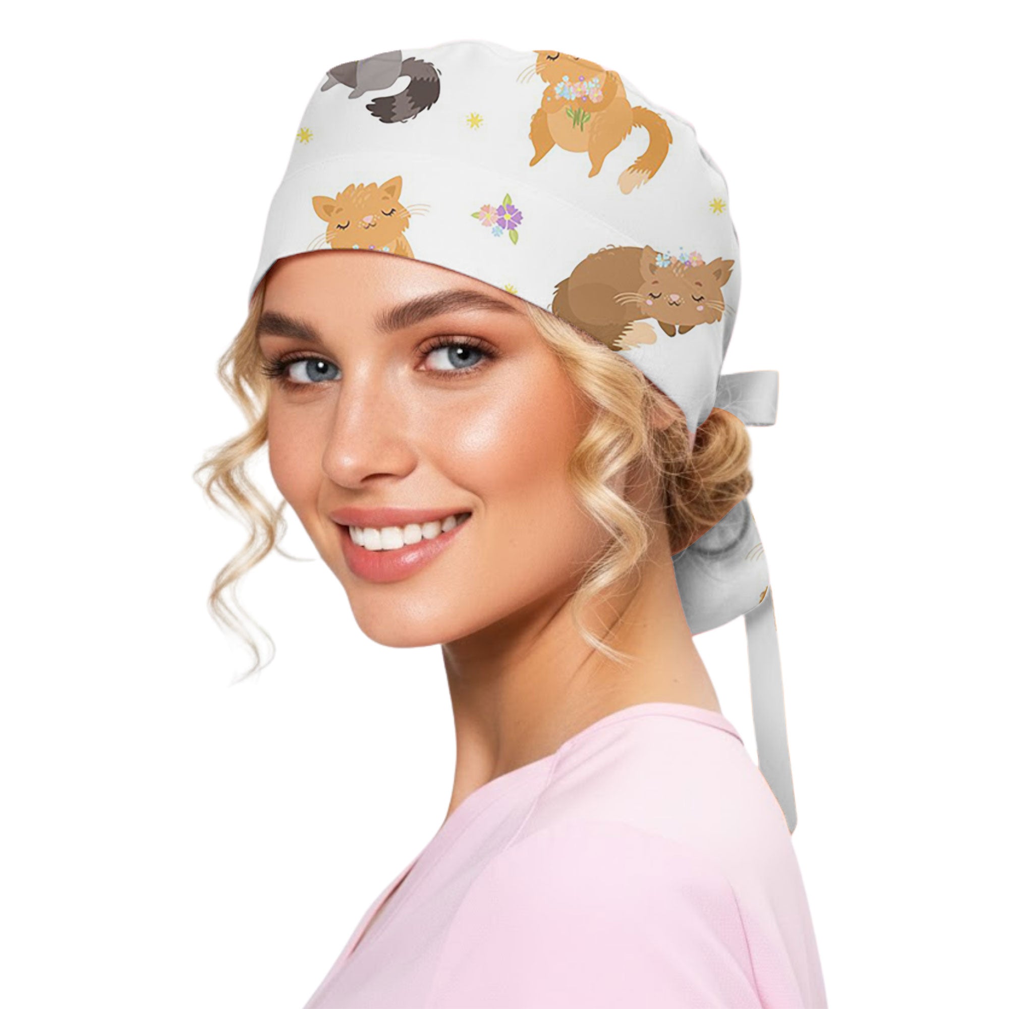 Sleepy Cat and Forest Friends Printed Scrub Cap