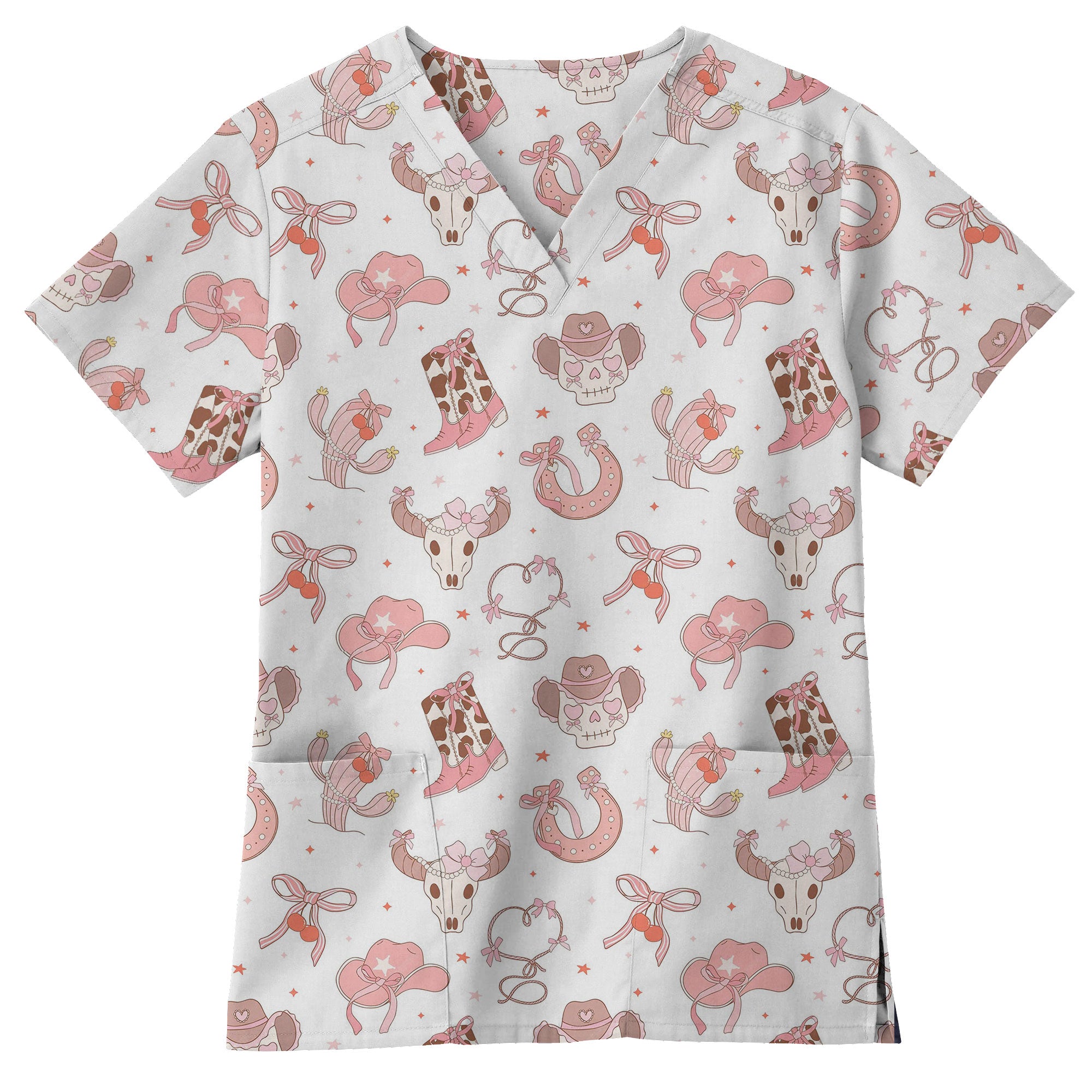 Pink Western Skull and Boot Printed Scrub Top
