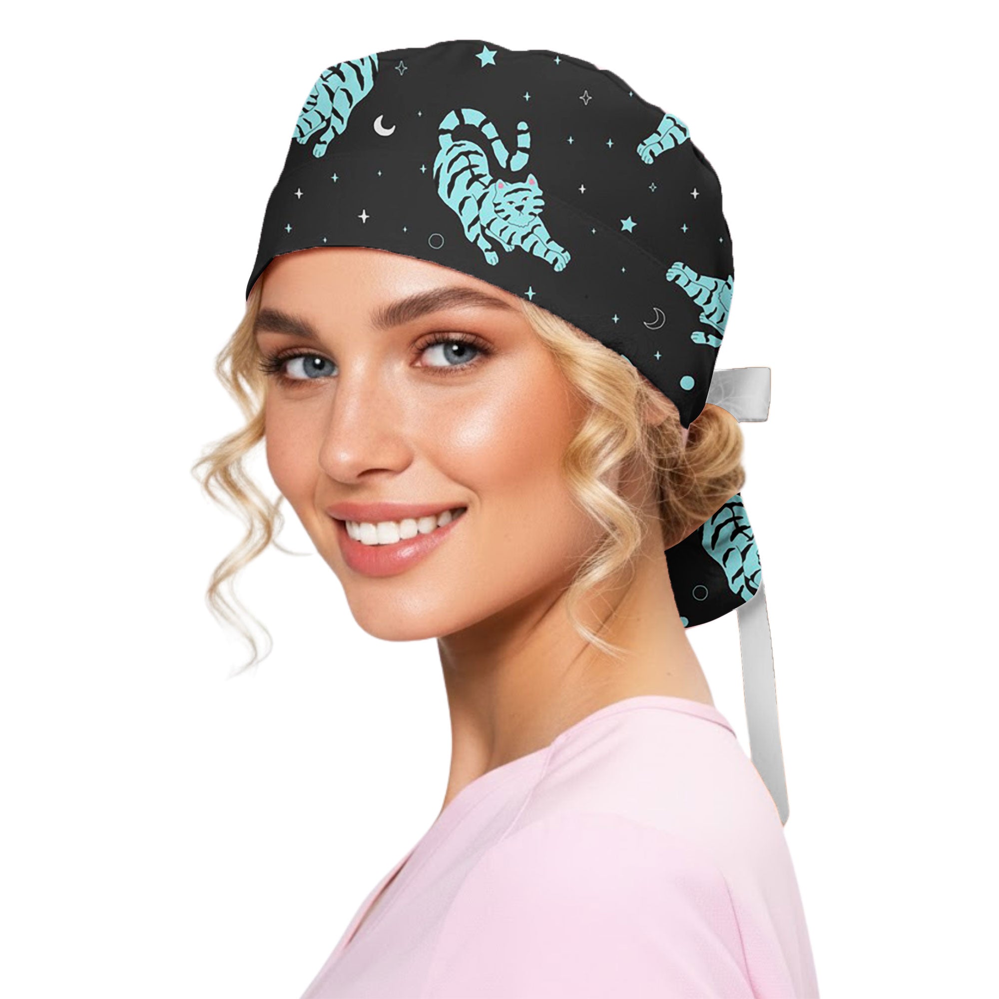 Mystical Teal Tiger Night Sky Printed Scrub Cap
