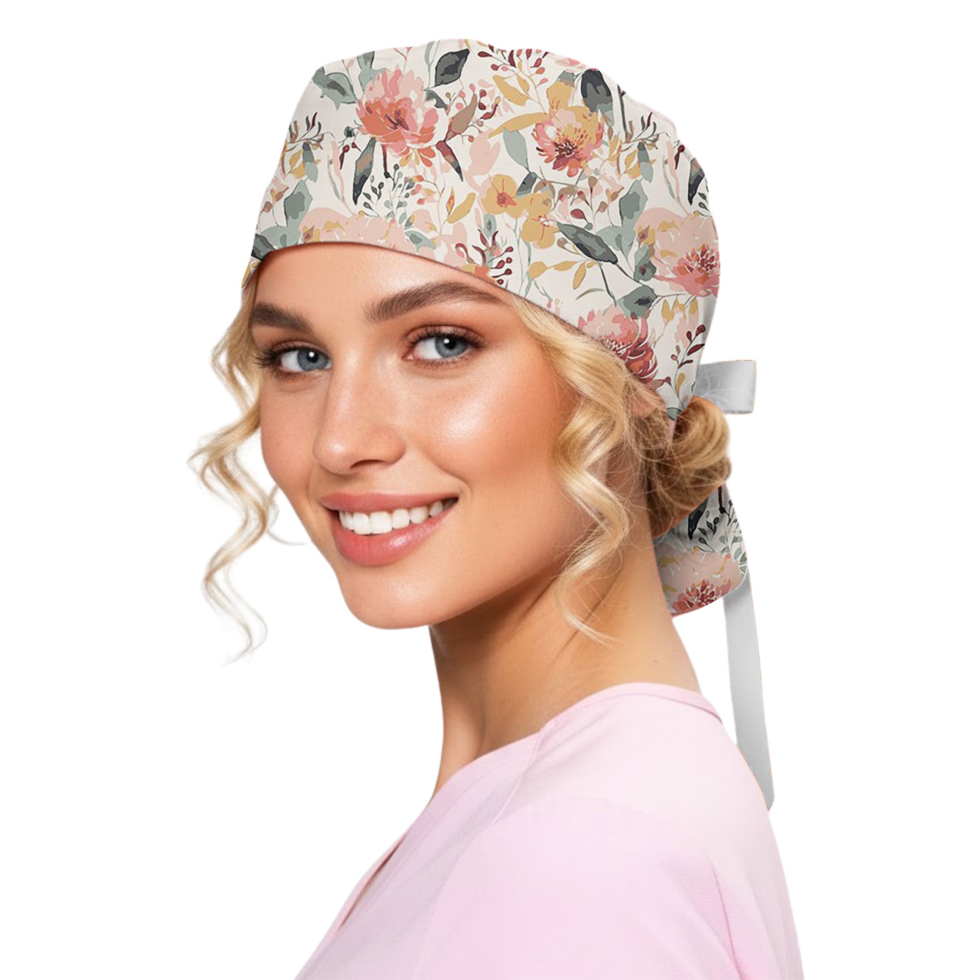 Watercolor Peony Bloom Printed Scrub Cap for Nurses