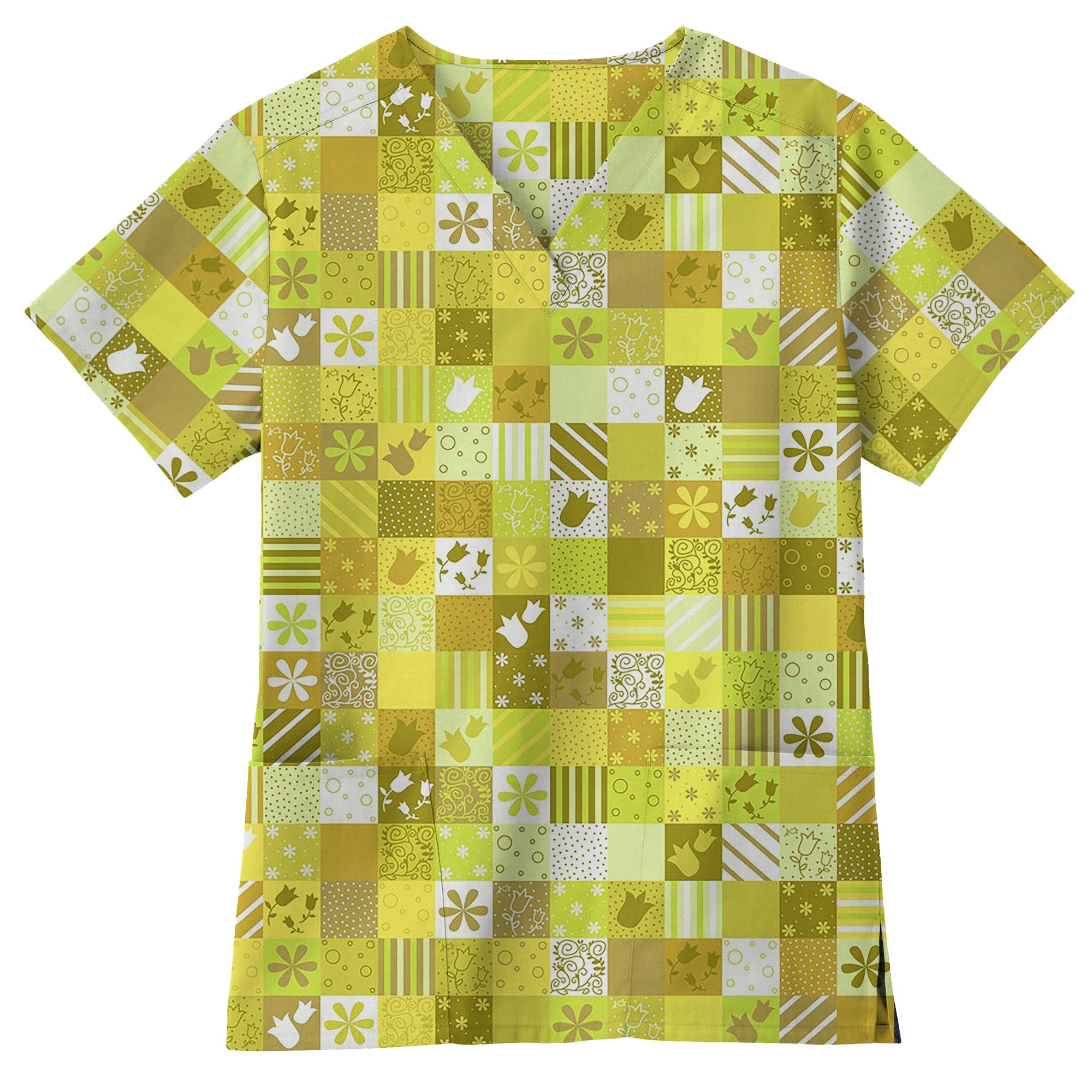 Yellow Tulip Patchwork Printed Scrub Top for Nurses