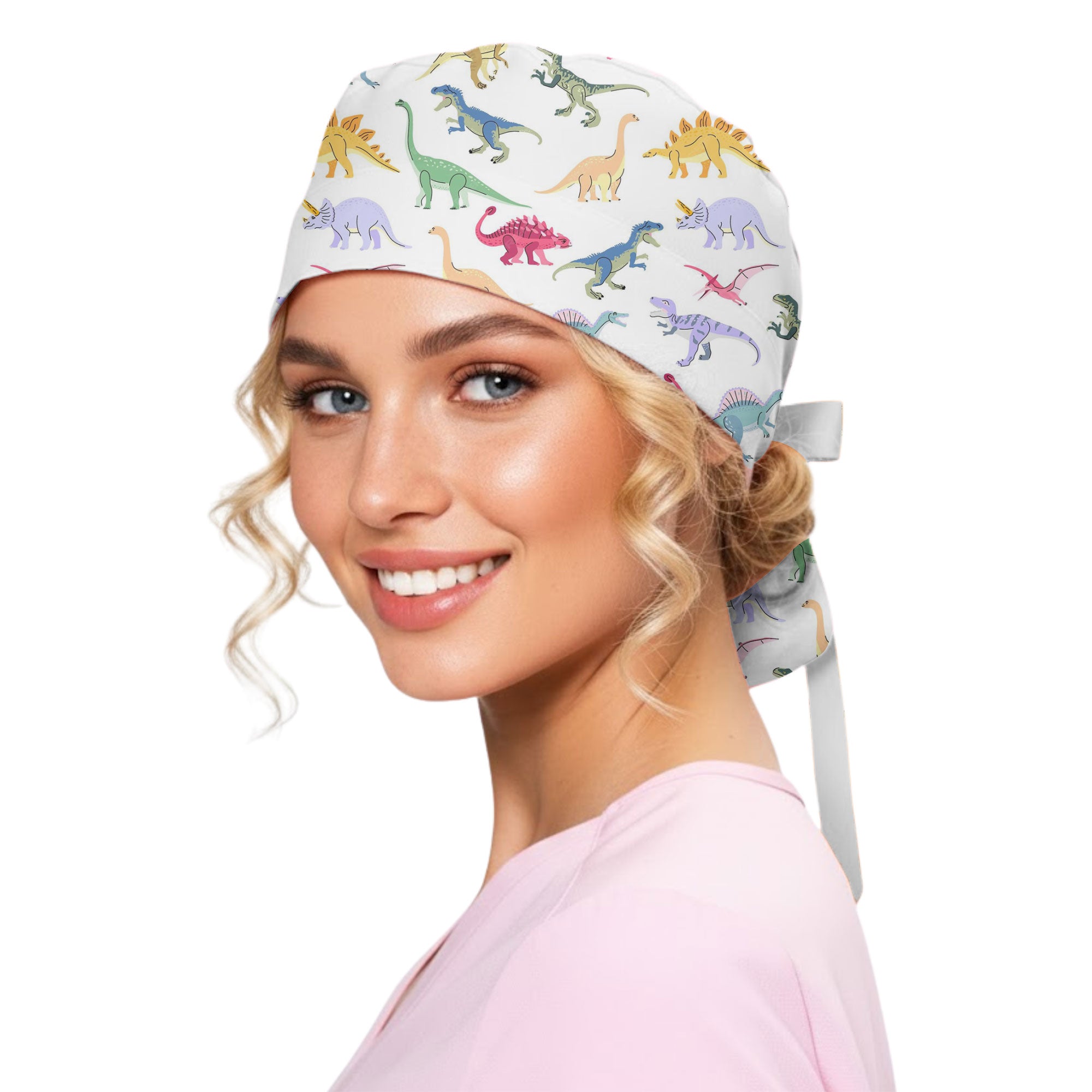 Colorful Cartoon Dinosaur Printed Scrub Cap for Pediatric Nurses