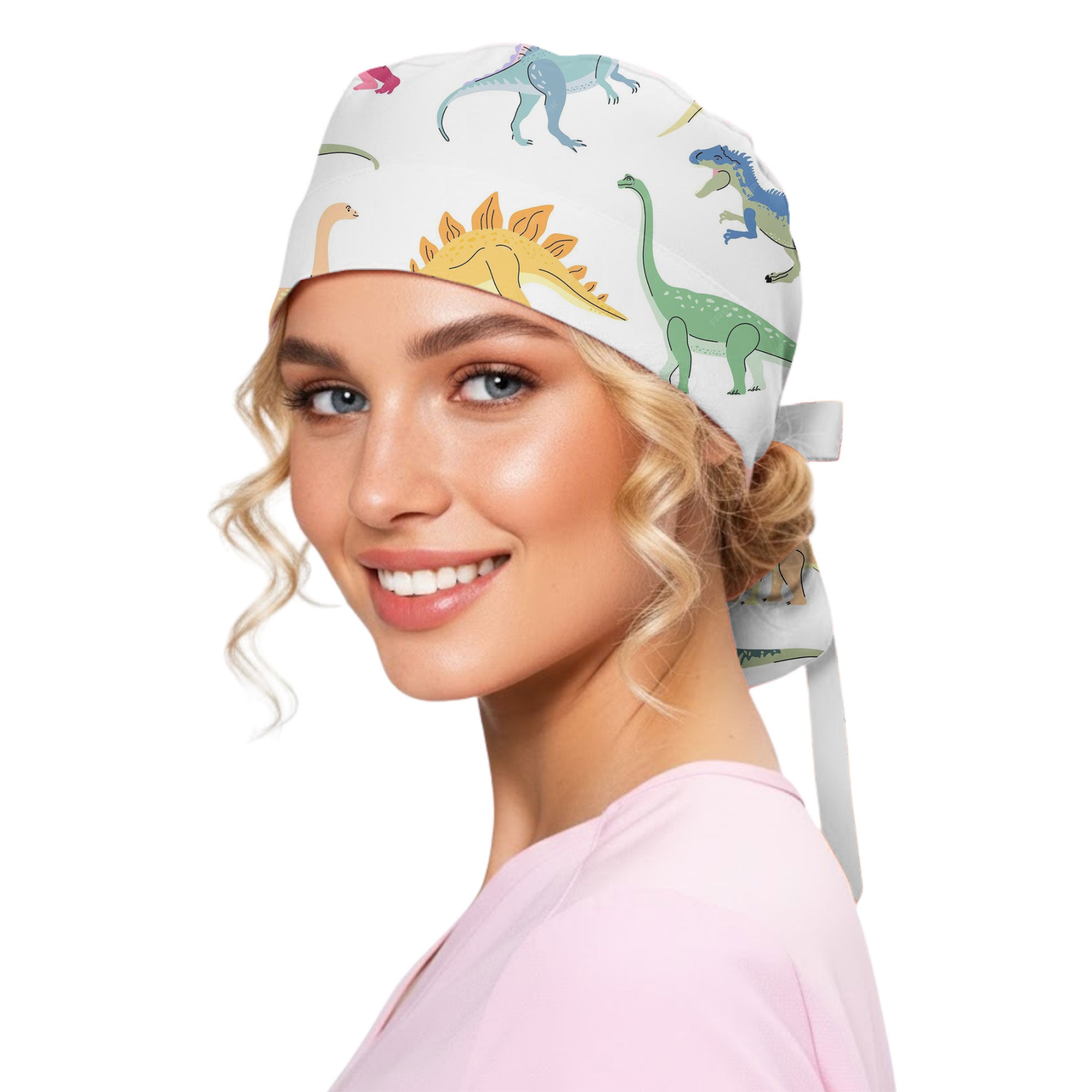 Pastel Dinosaur Friends Printed Scrub Cap for Pediatric Staff