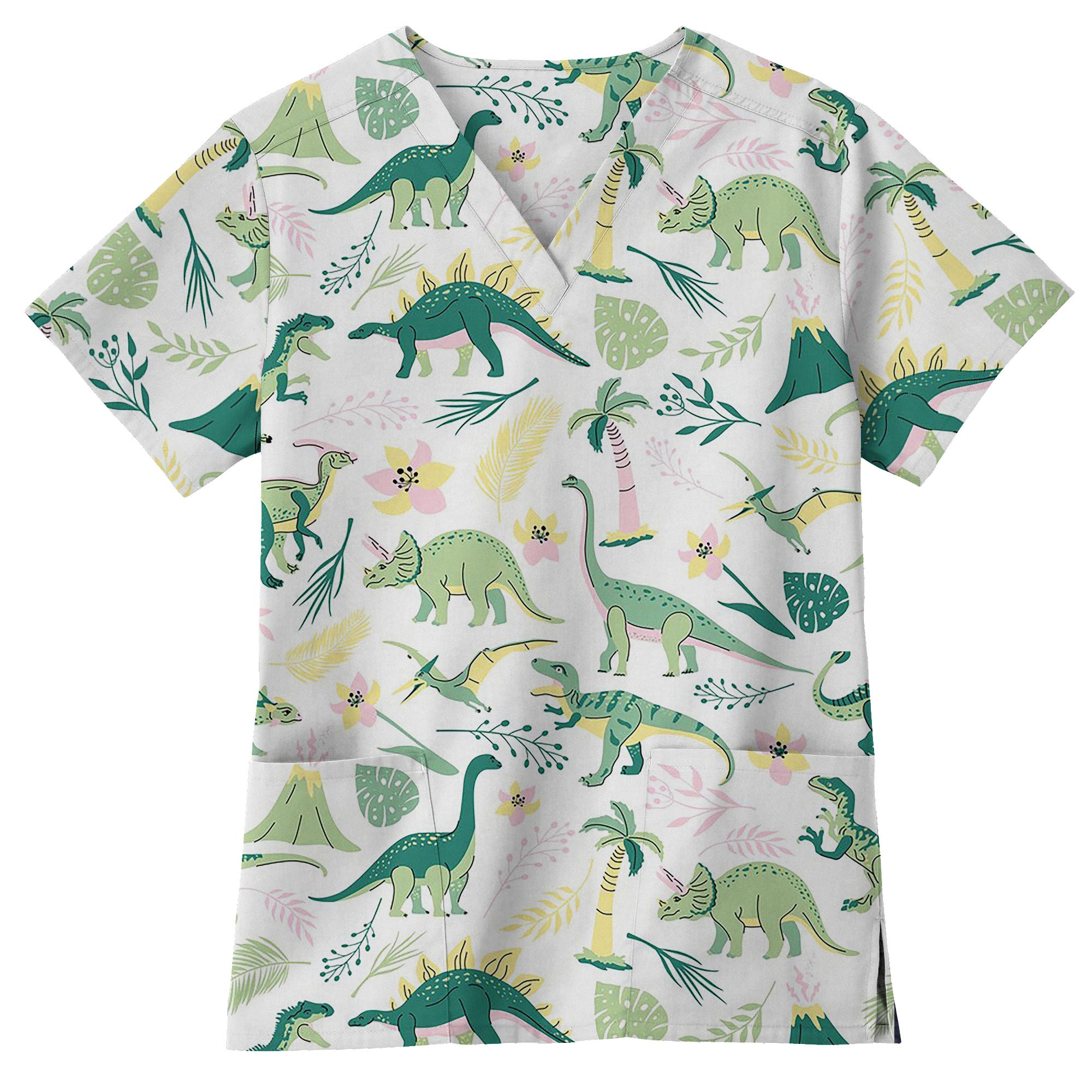 Tropical Jungle Dinosaur Printed Scrub Top for Pediatric Nurses