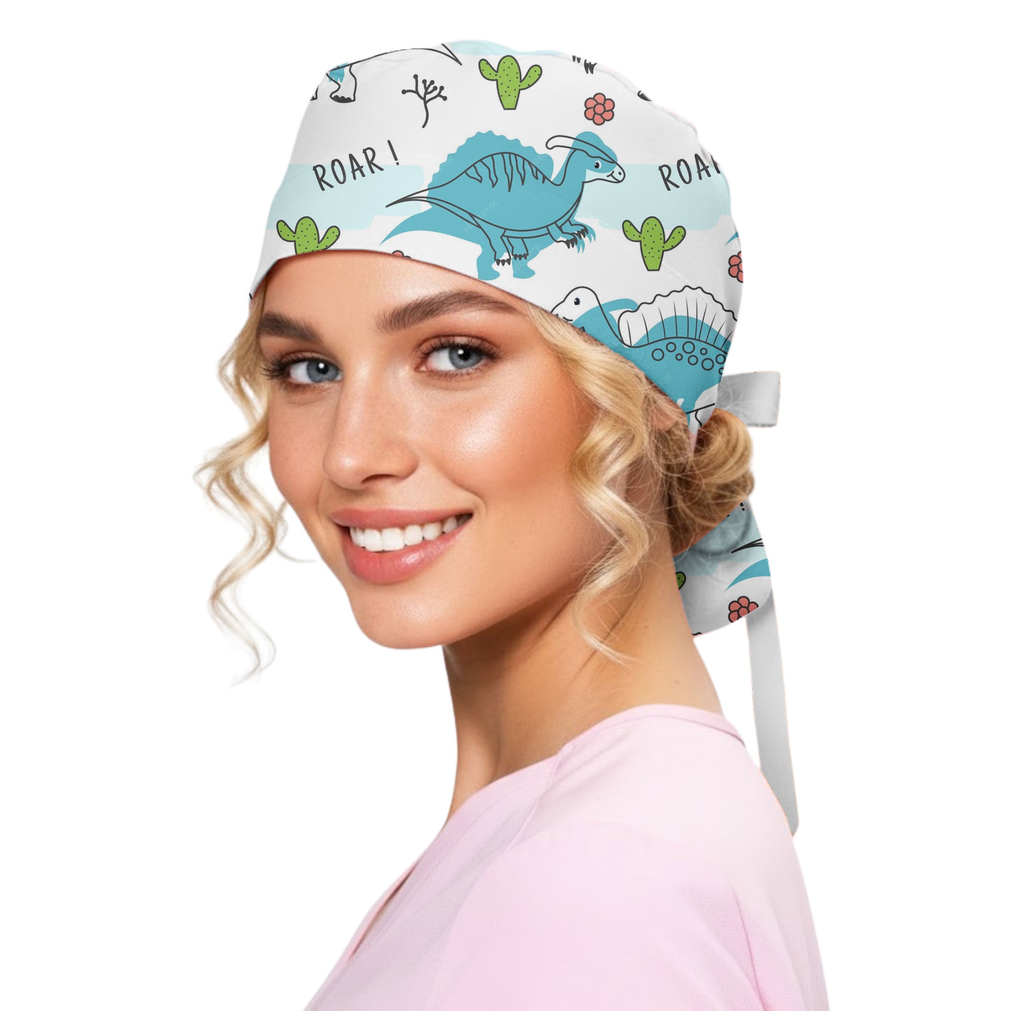 Blue Roar Dinosaur and Cactus Printed Scrub Cap