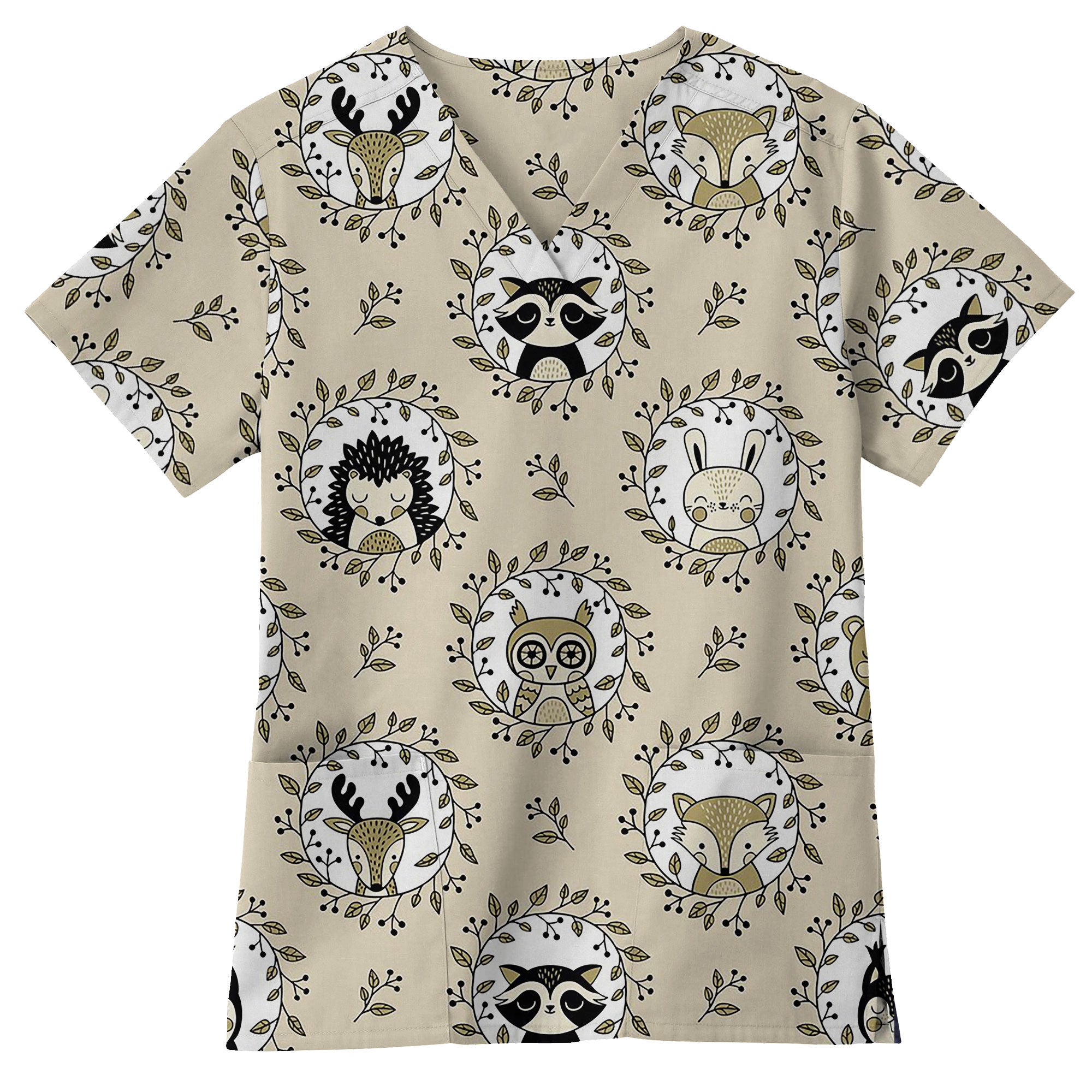 Woodland Forest Animal Wreath Printed Scrub Top for Veterinary Nurses