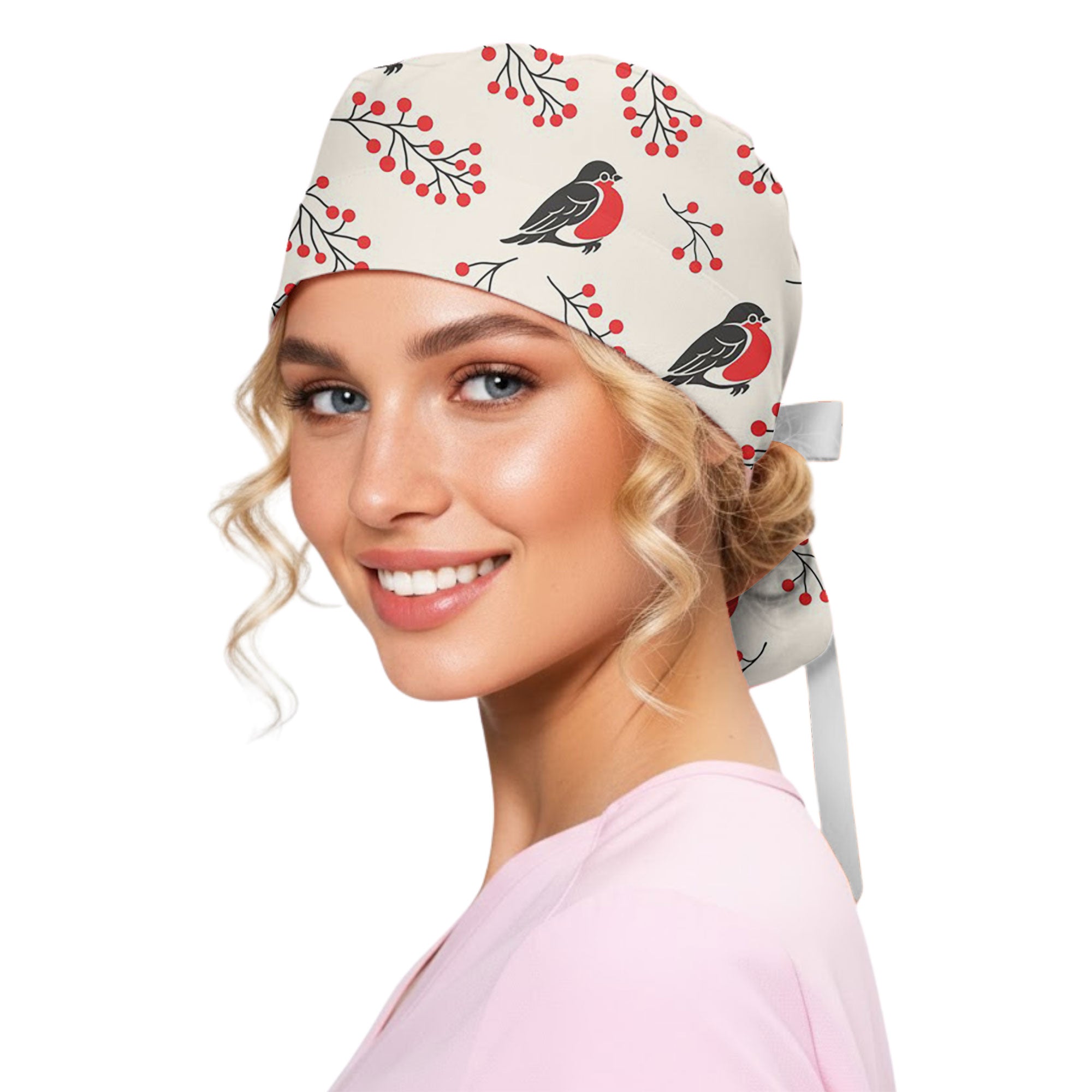 Bullfinch Bird and Winter Berry Printed Scrub Cap
