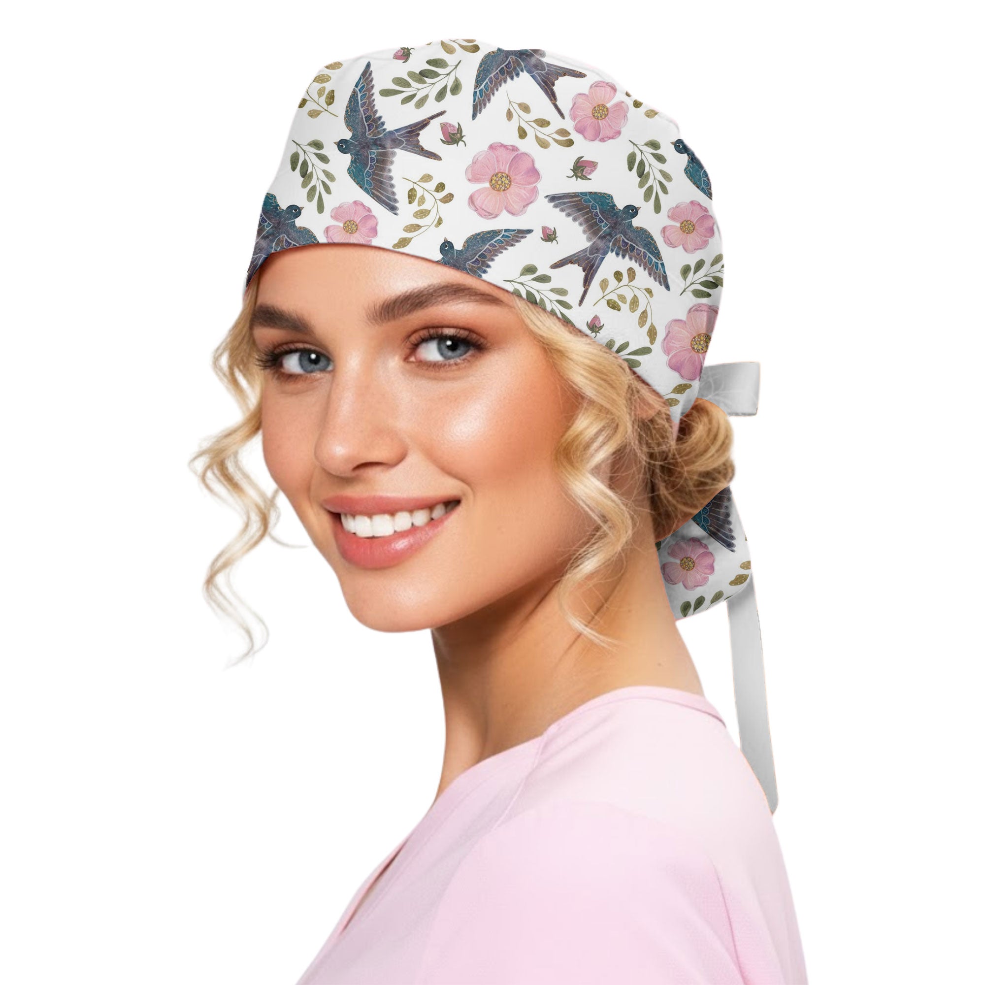 Swallow Bird and Pink Rose Printed Scrub Cap