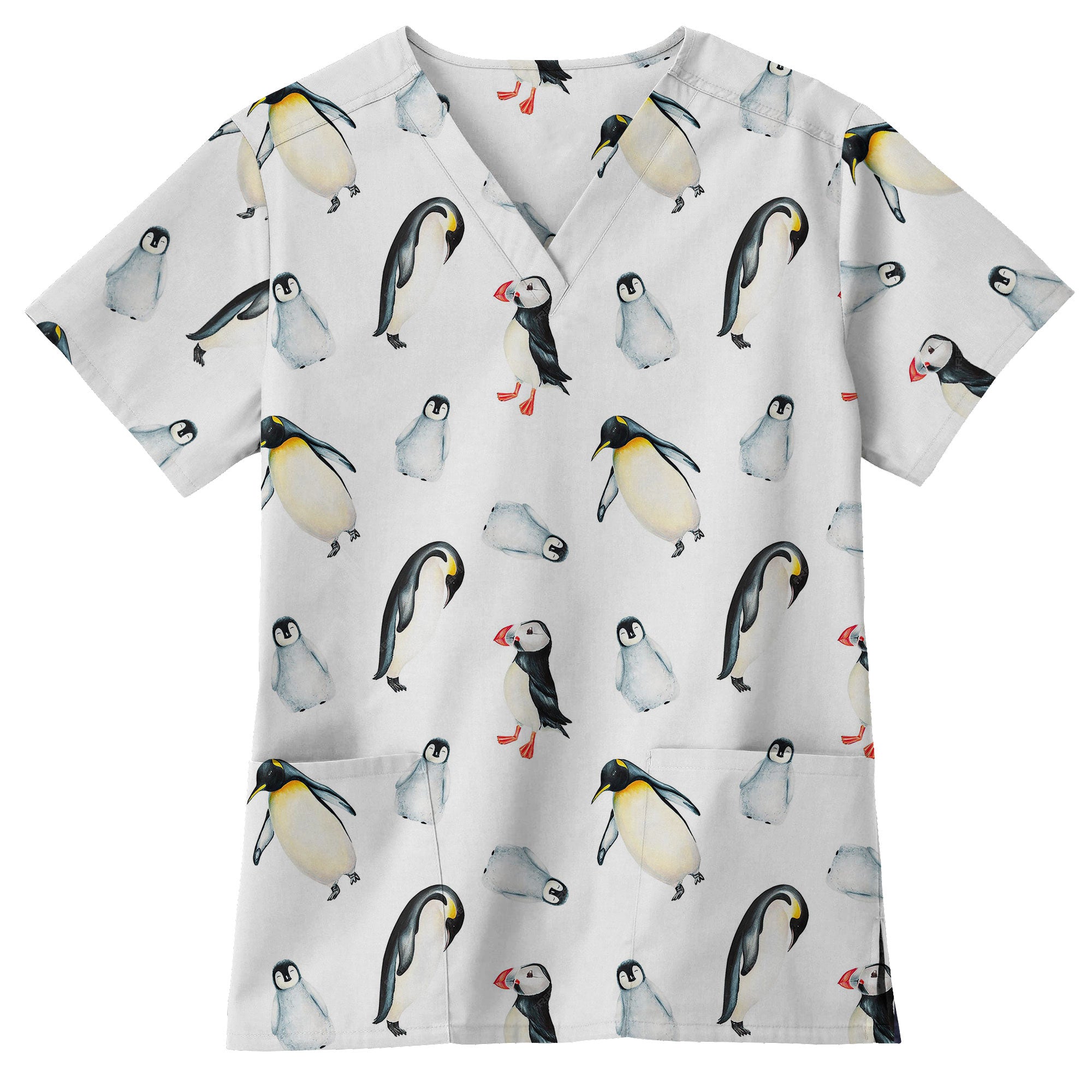 Watercolor Penguin and Puffin Printed Scrub Top for Veterinary Nurses