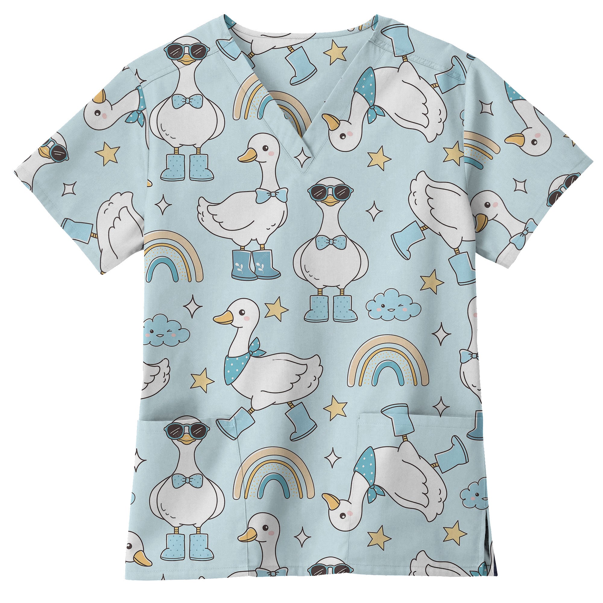 Adventure Goose and Rainbow Printed Scrub Top for Pediatric Nurses