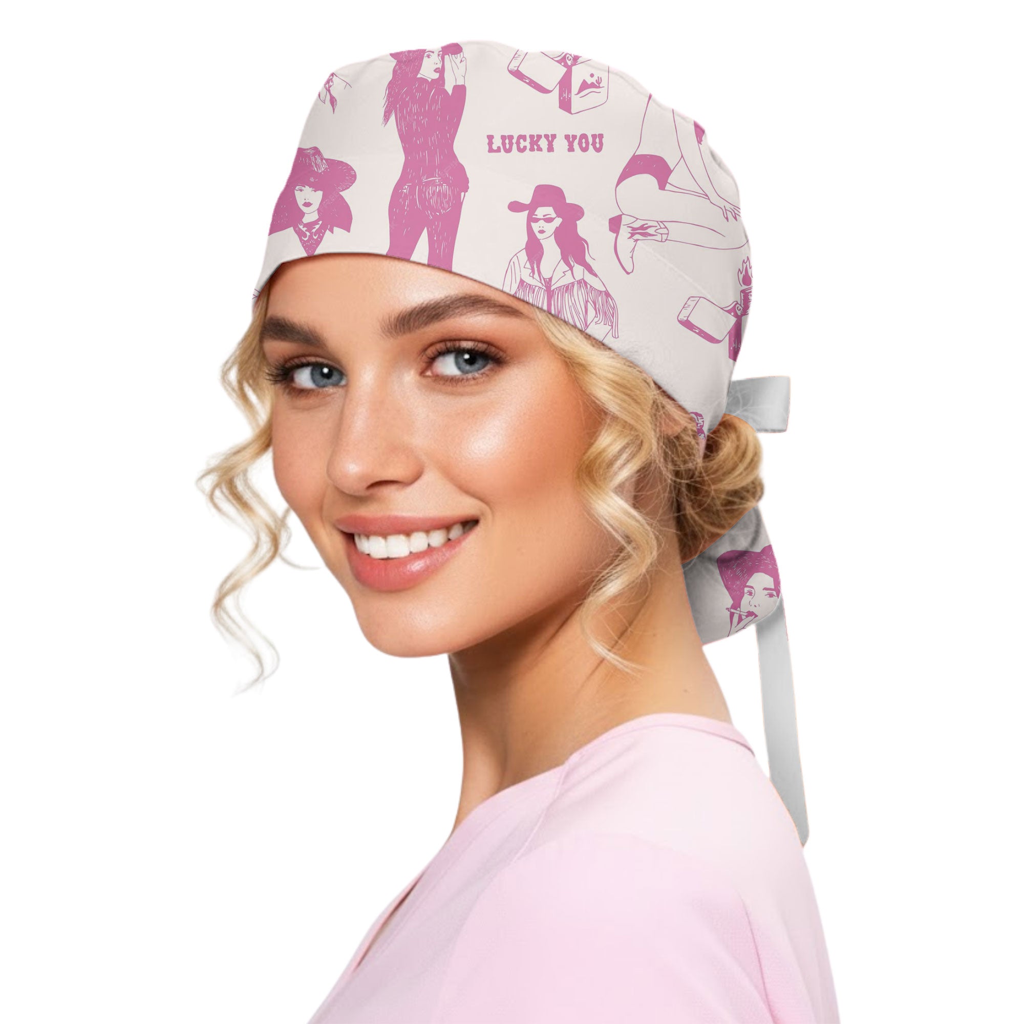 Lucky You Pink Cowgirl Silhouette Printed Scrub Cap