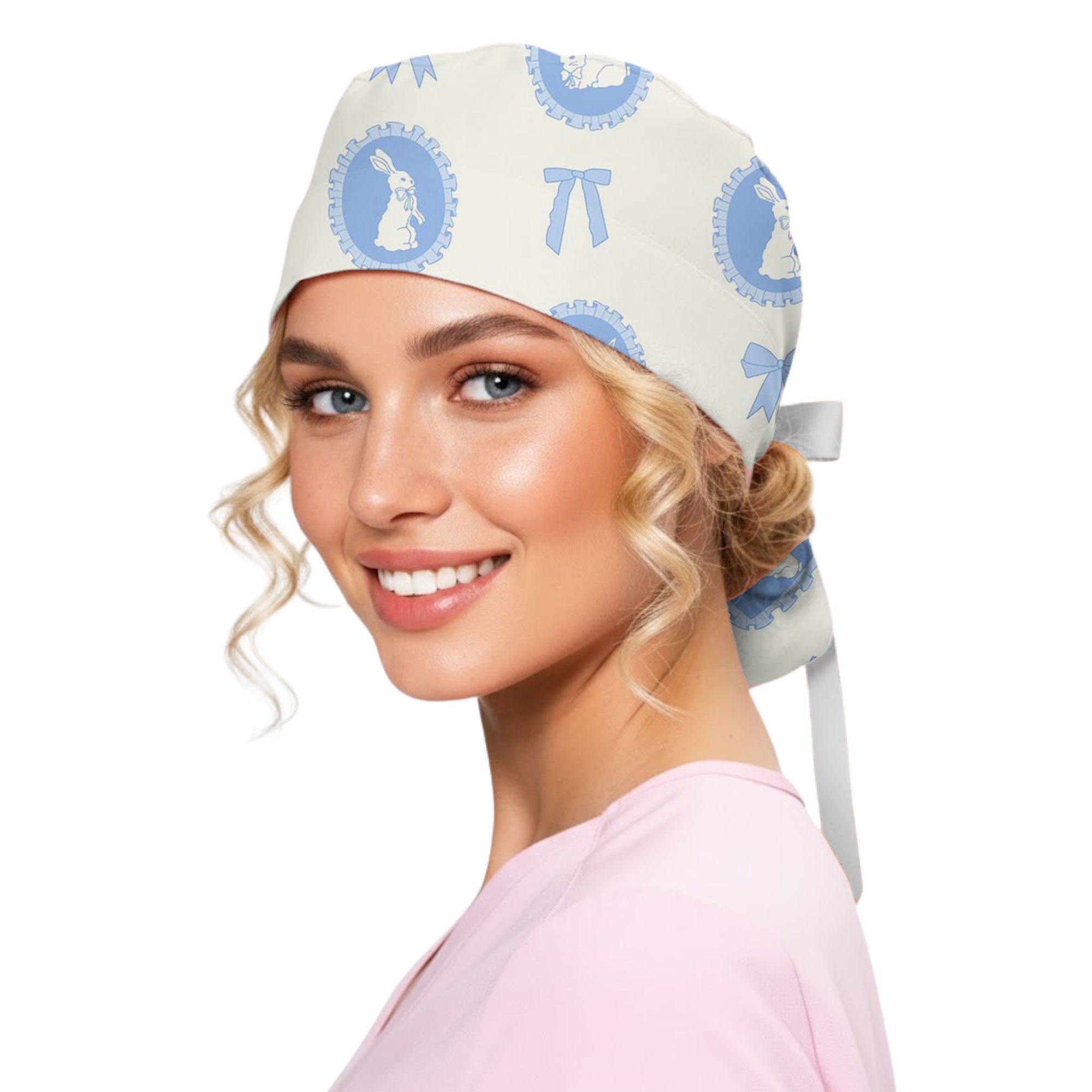 Vintage Blue Cameo Bunny Printed Scrub Cap