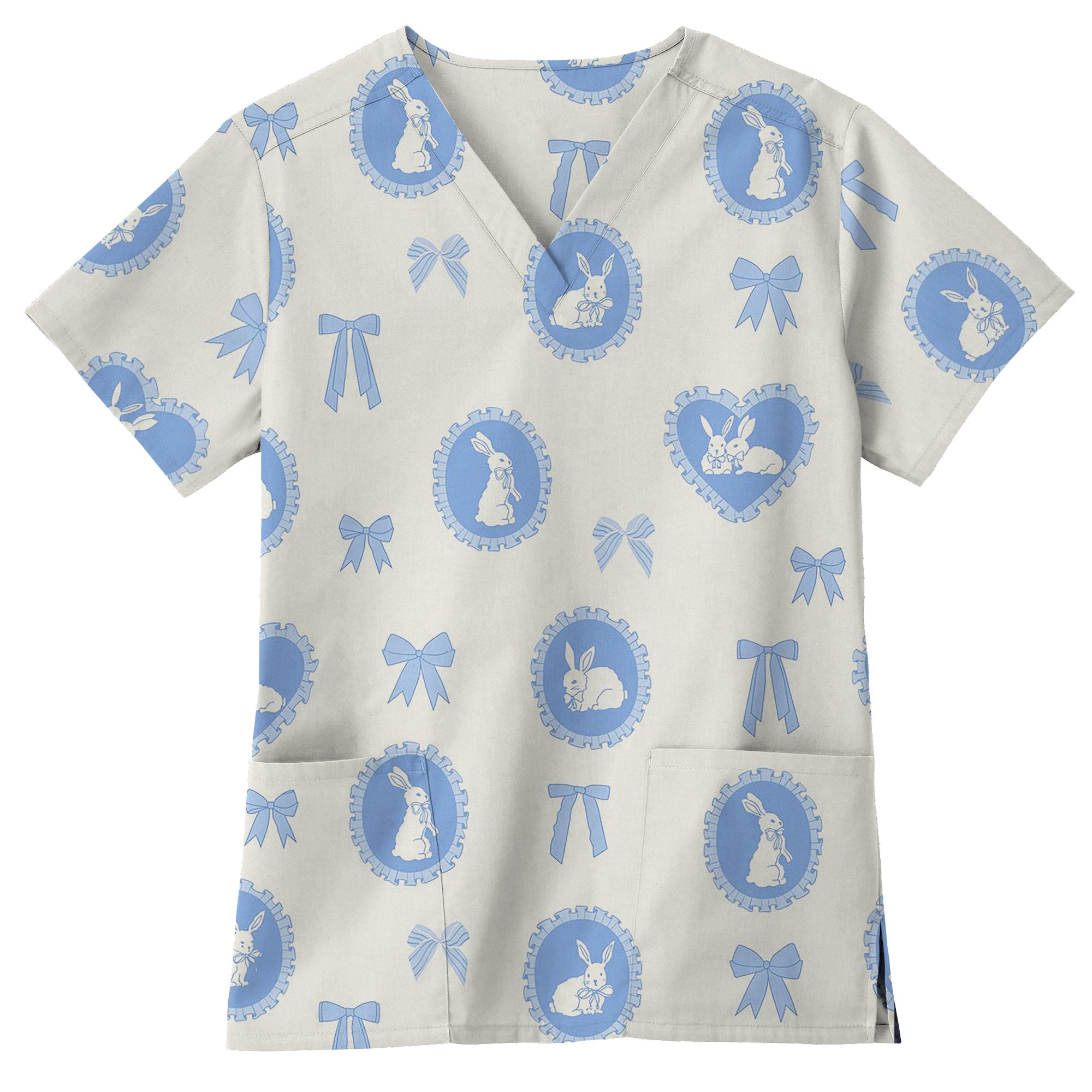Vintage Blue Cameo Bunny Printed Scrub Top for Pediatric Nurses