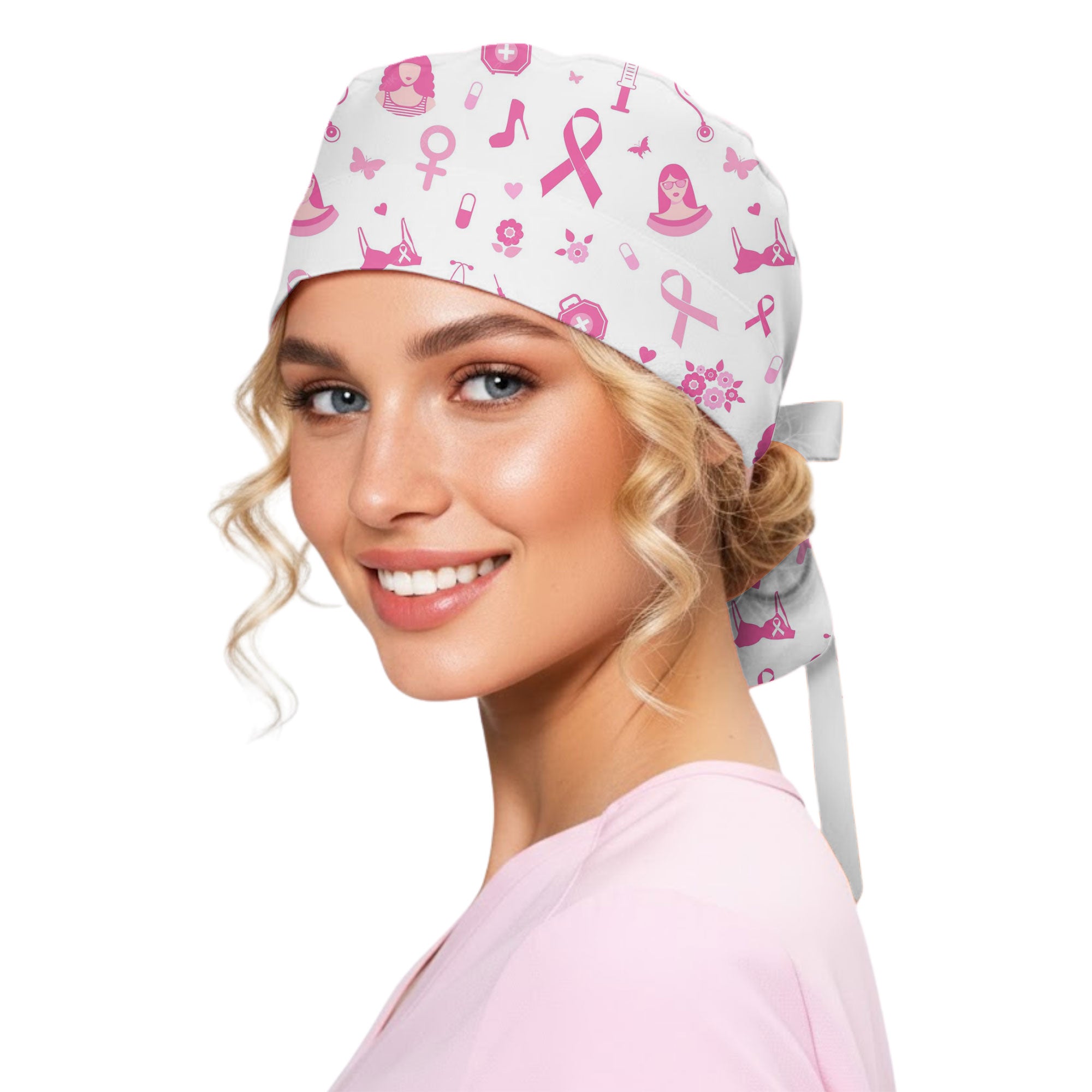 Pink Ribbon Awareness Printed Scrub Cap for Oncology Nurses