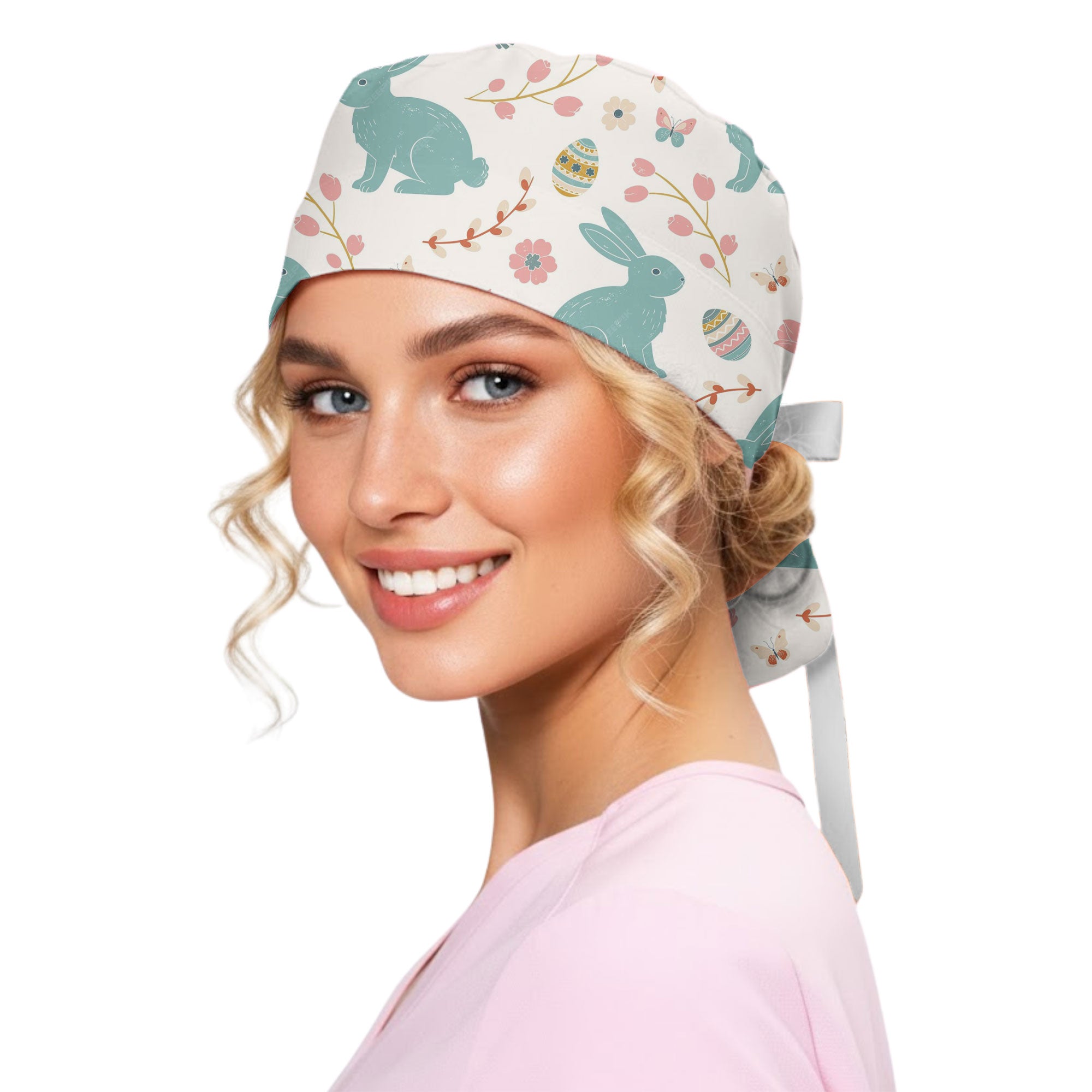 Pastel Easter Bunny and Egg Printed Scrub Cap for Spring