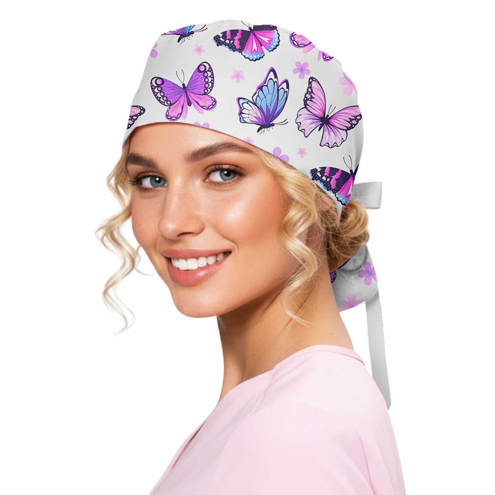 Purple Butterfly and Floral Printed Scrub Cap