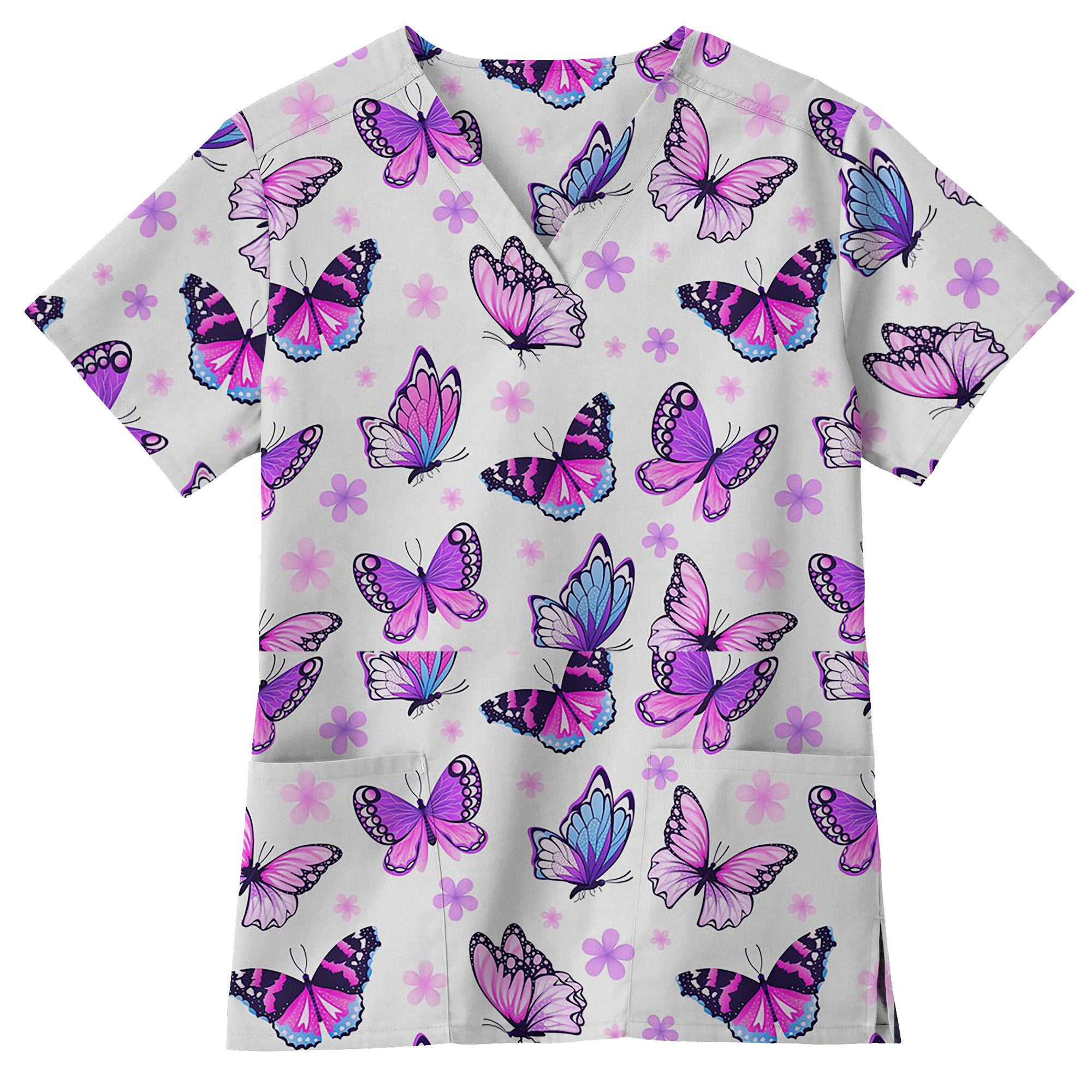 Purple Butterfly and Floral Printed Scrub Top for Nurses