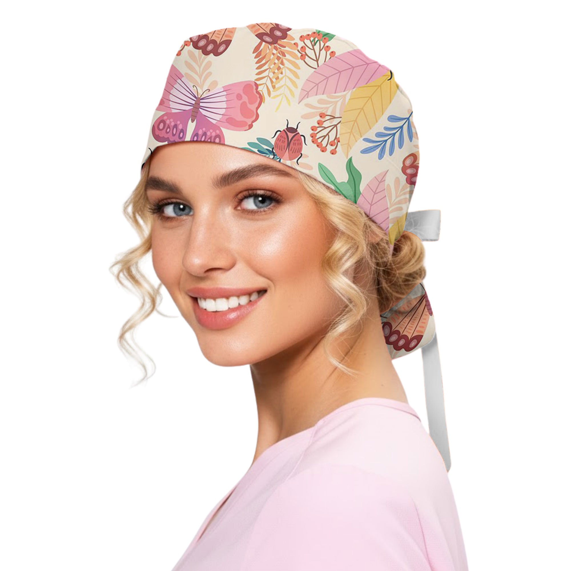 Whimsical Butterfly Ladybug Garden Printed Scrub Cap