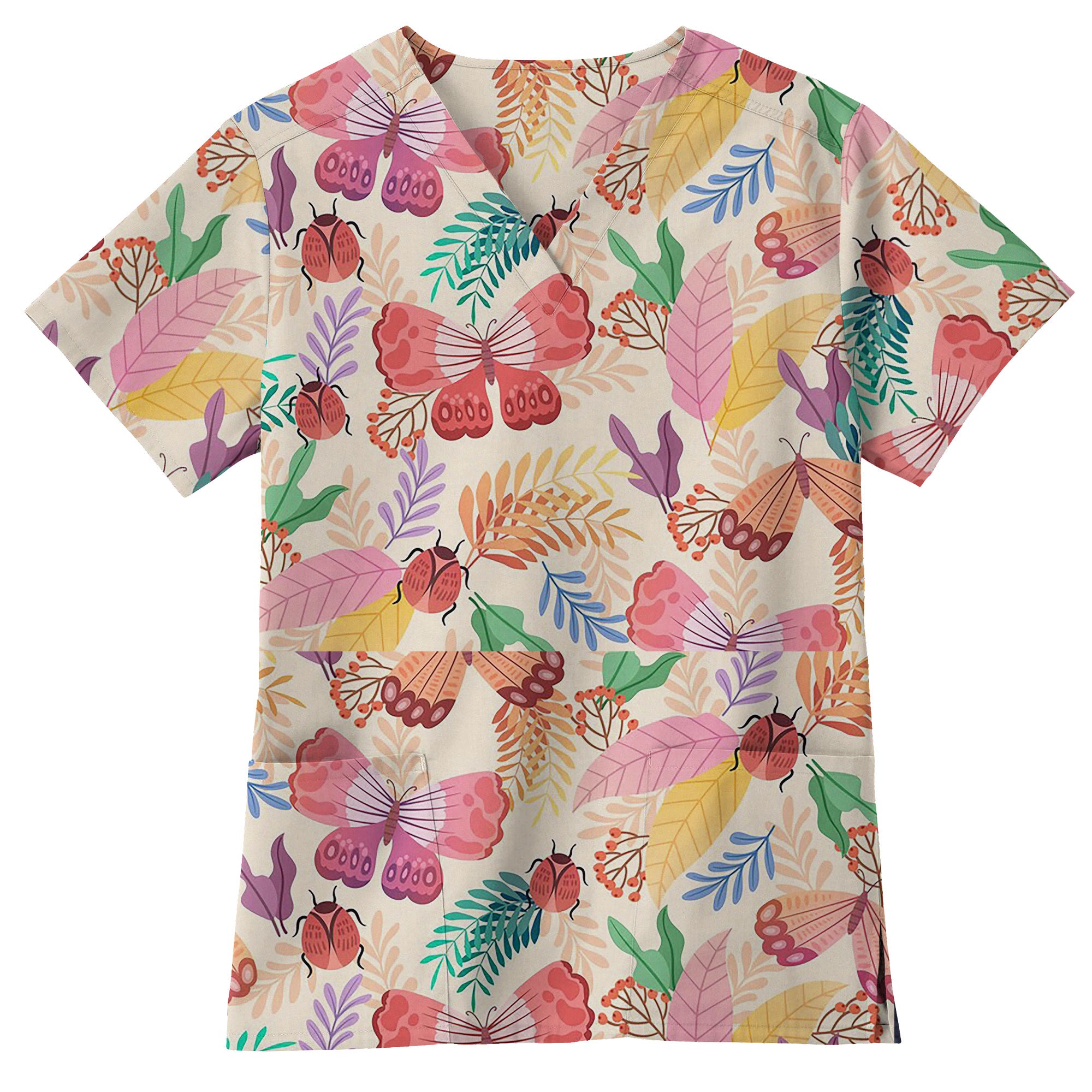 Whimsical Butterfly Ladybug Garden Printed Scrub Top for Nurses