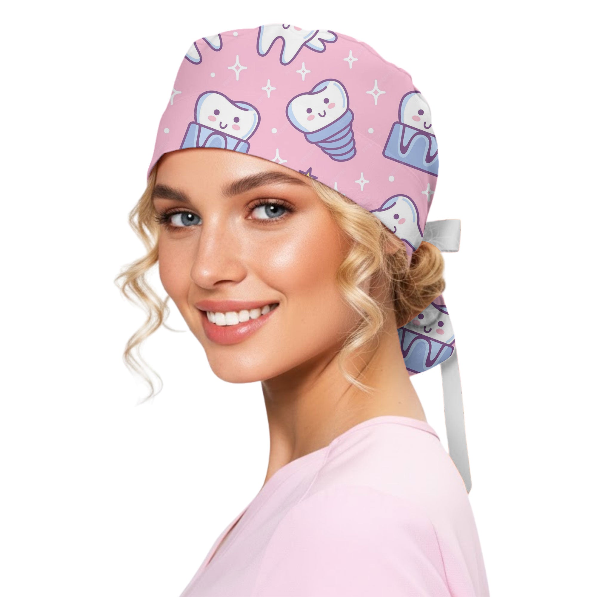 Pink Tooth Fairy Printed Scrub Cap for Dental Staff