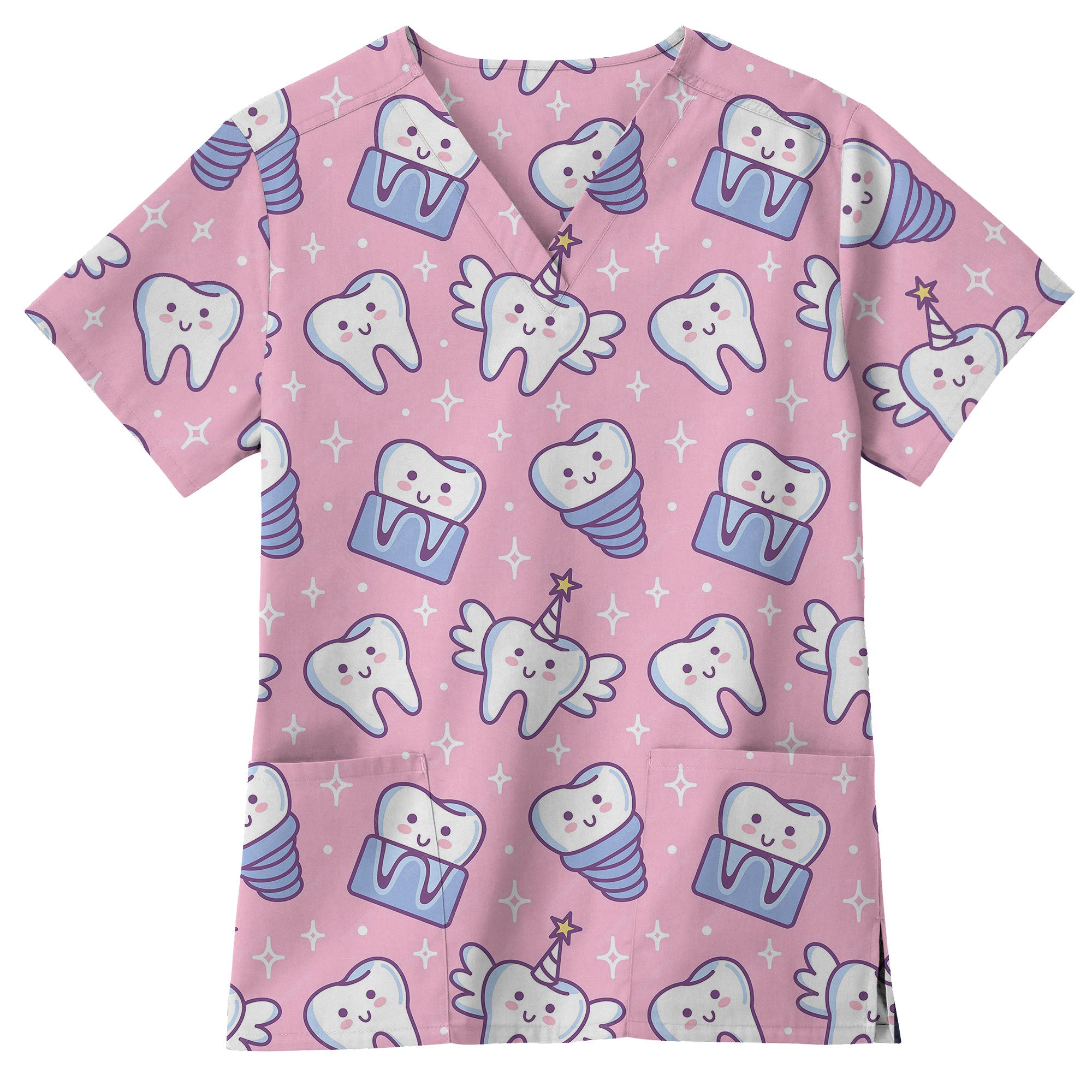 Pink Tooth Fairy Printed Scrub Top for Dental Staff