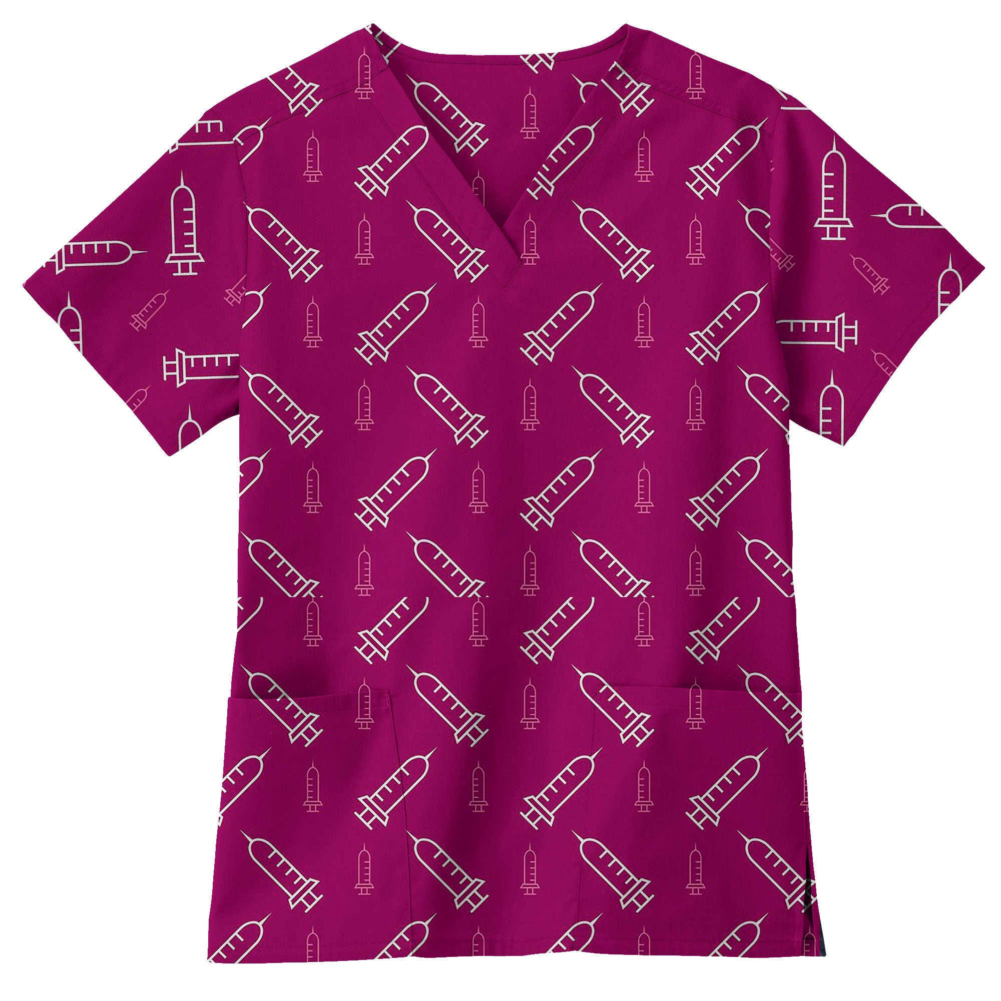 Pink Syringe Outline Printed Scrub Top for Nurses