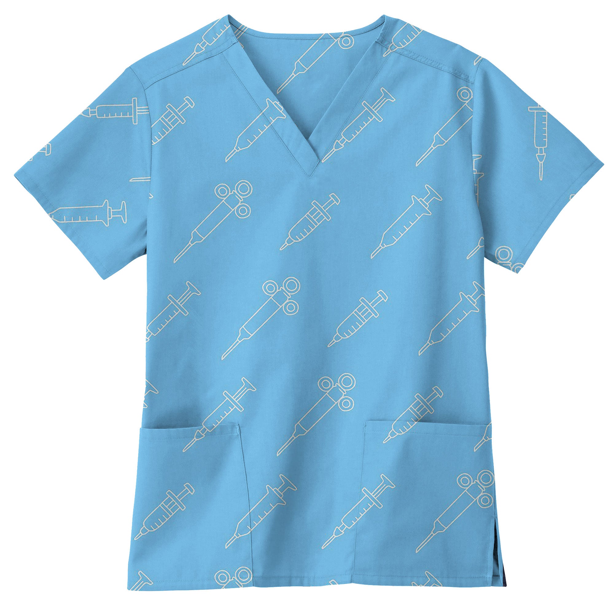 Sky Blue Syringe Line Art Printed Scrub Top for Nurses