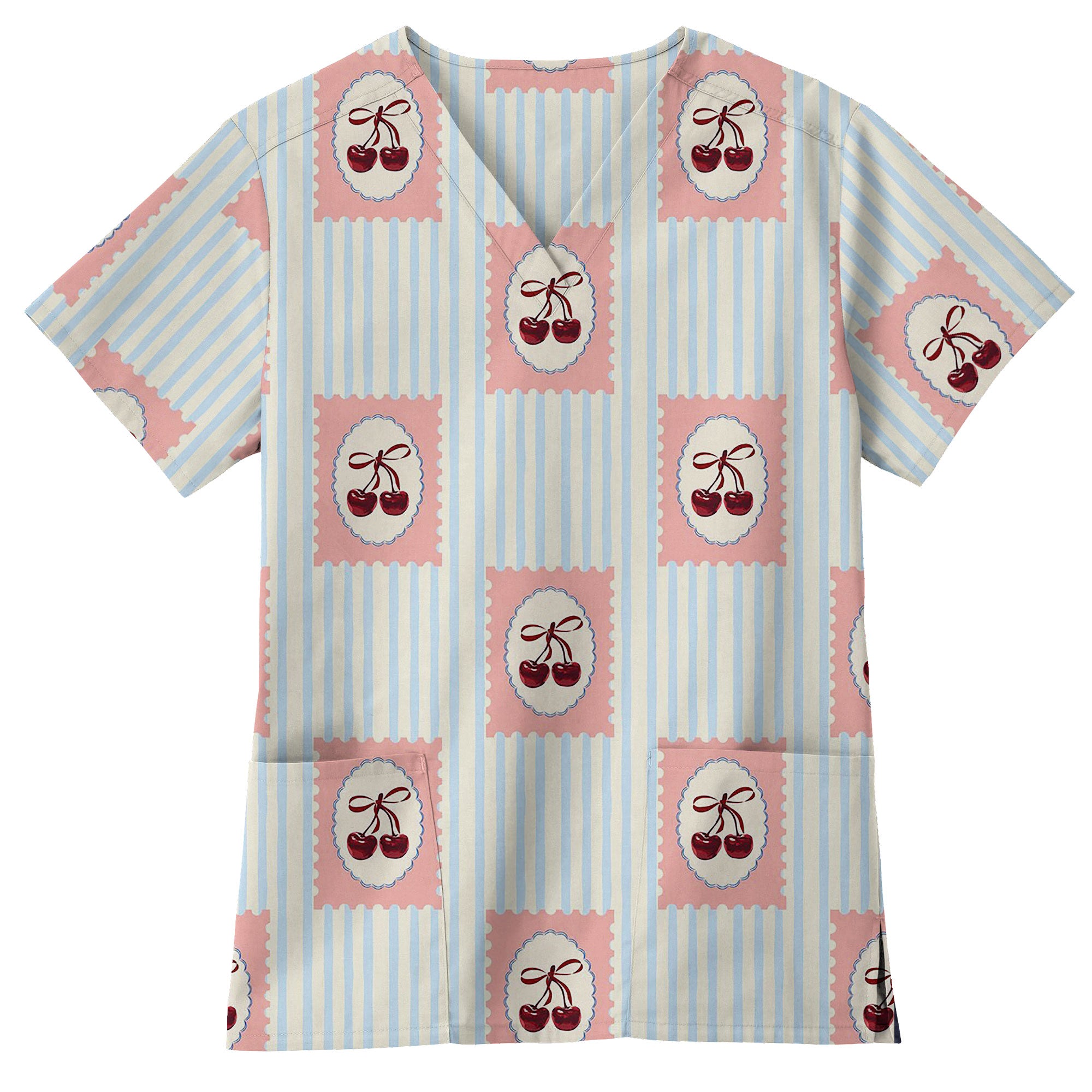 Vintage Pastel Cherry Stamp Stripe Printed Scrub Top for Nurses