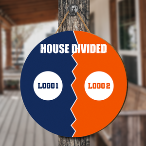 Custom House Divided Sign with Team Logos | Sports Rival Home Decor - detail view, custom embroidered by Intriklo