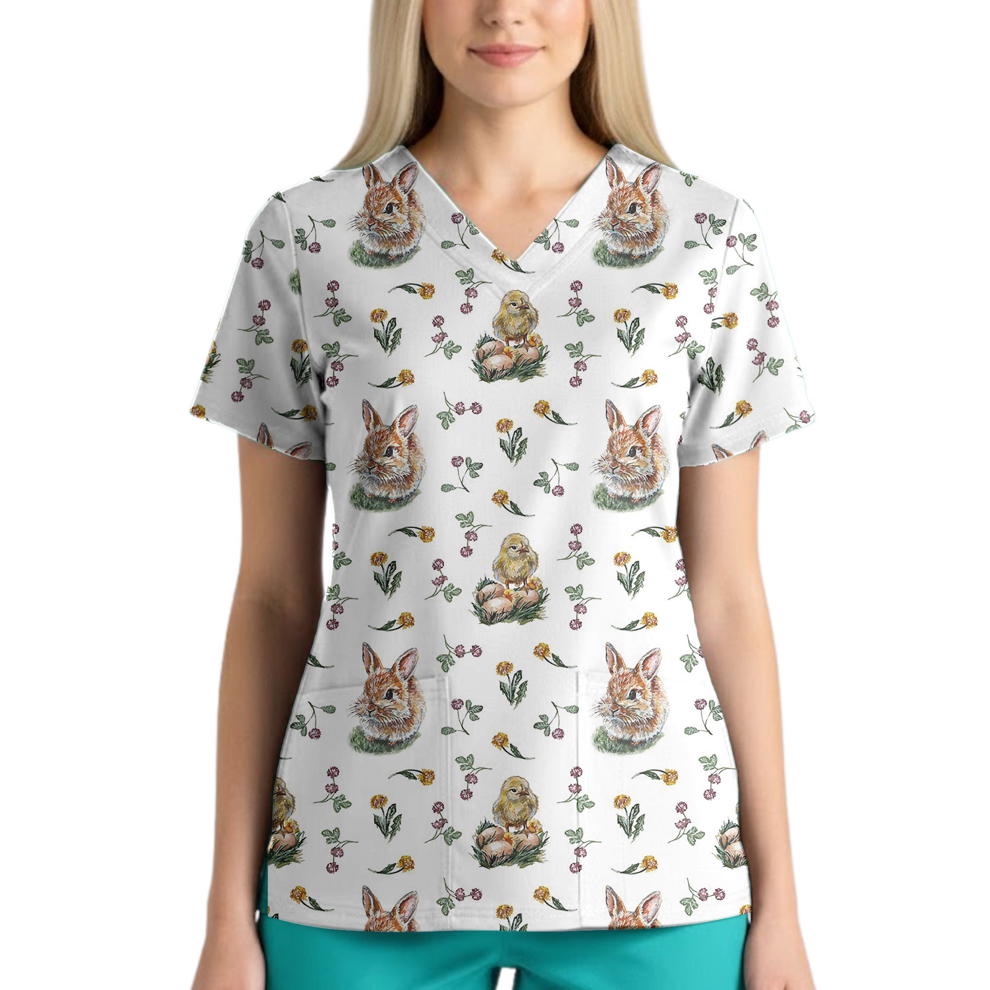 Watercolor Spring Bunny and Chick Printed Scrub Top