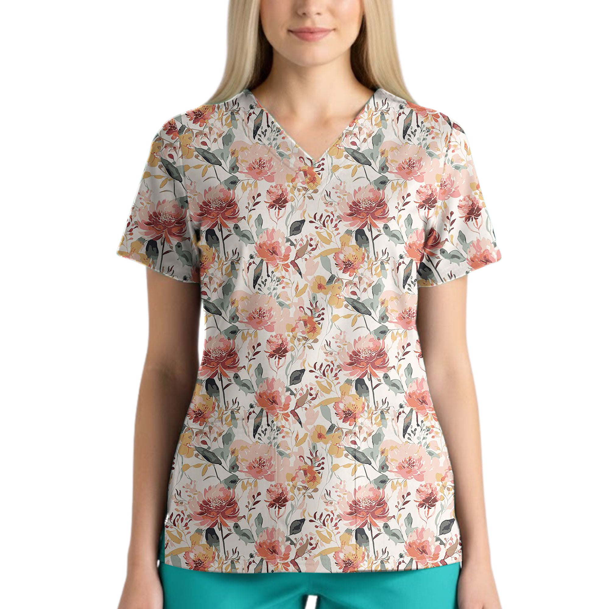 Watercolor Peony Bloom Printed Scrub Top for Nurses