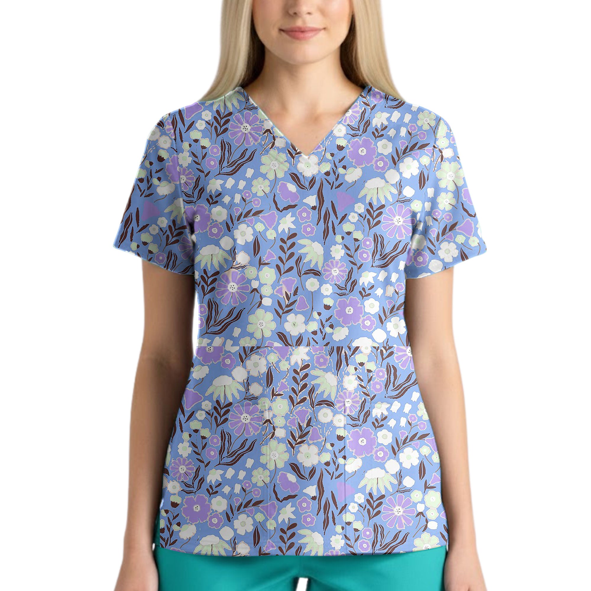 Periwinkle Botanical Floral Printed Scrub Top for Nurses