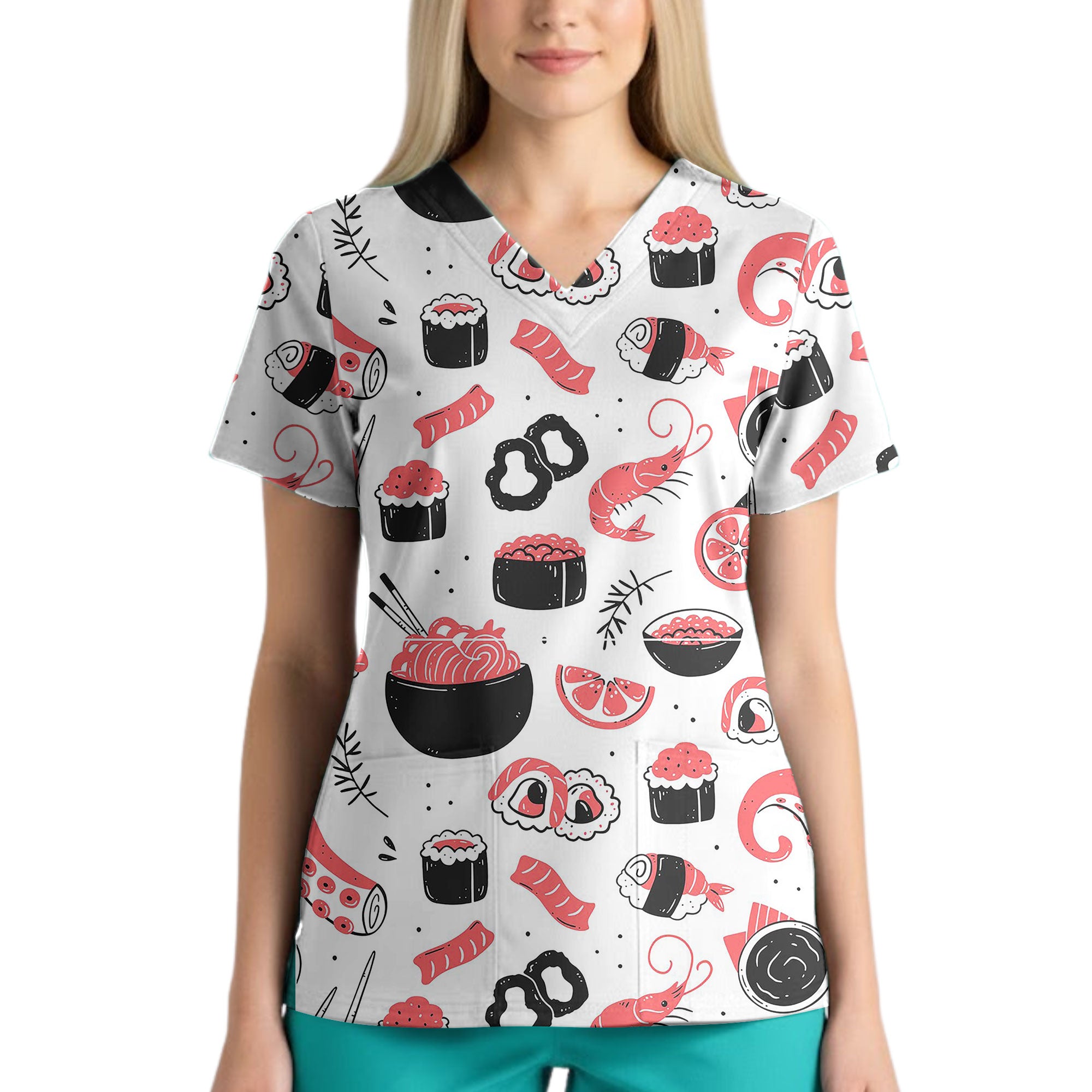 Cute Sushi and Ramen Printed Scrub Top for Nurses
