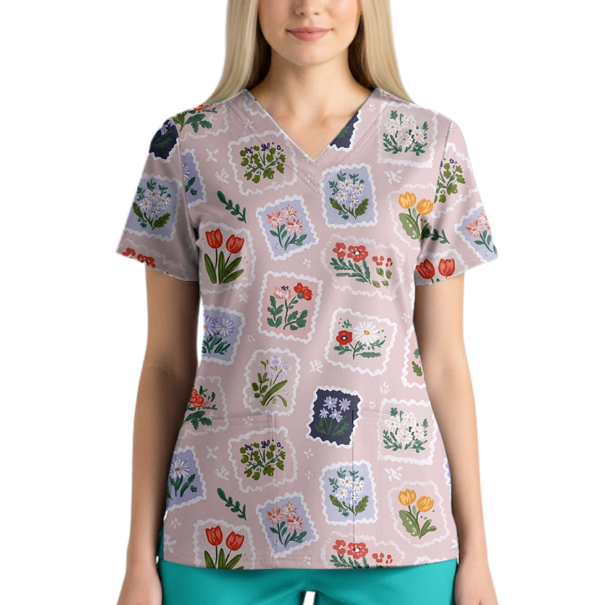 Vintage Floral Postage Stamp Printed Scrub Top for Nurses